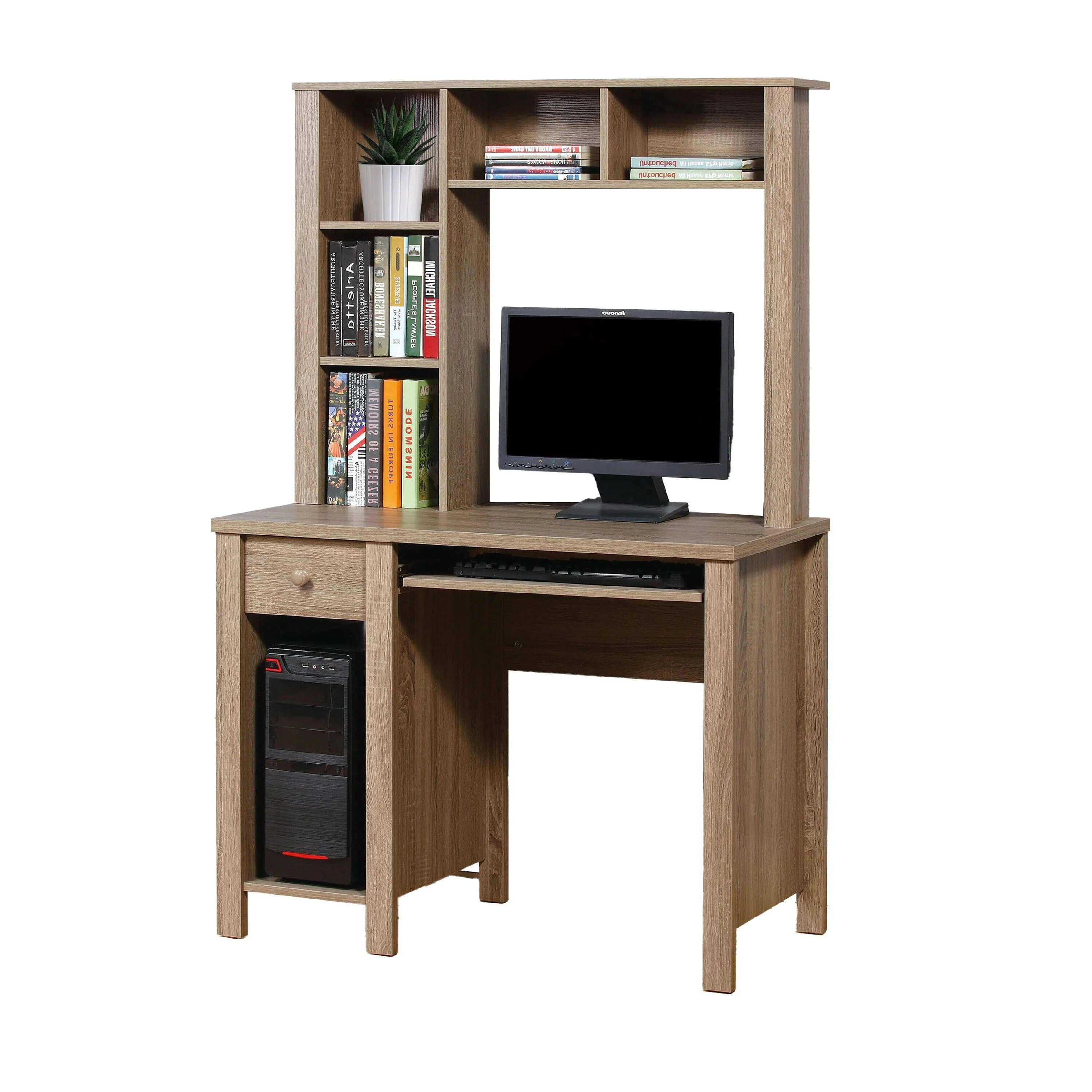 Akol Computer Desk with Hutch, Keyboard Drawer, 63 Inch, Dark Taupe