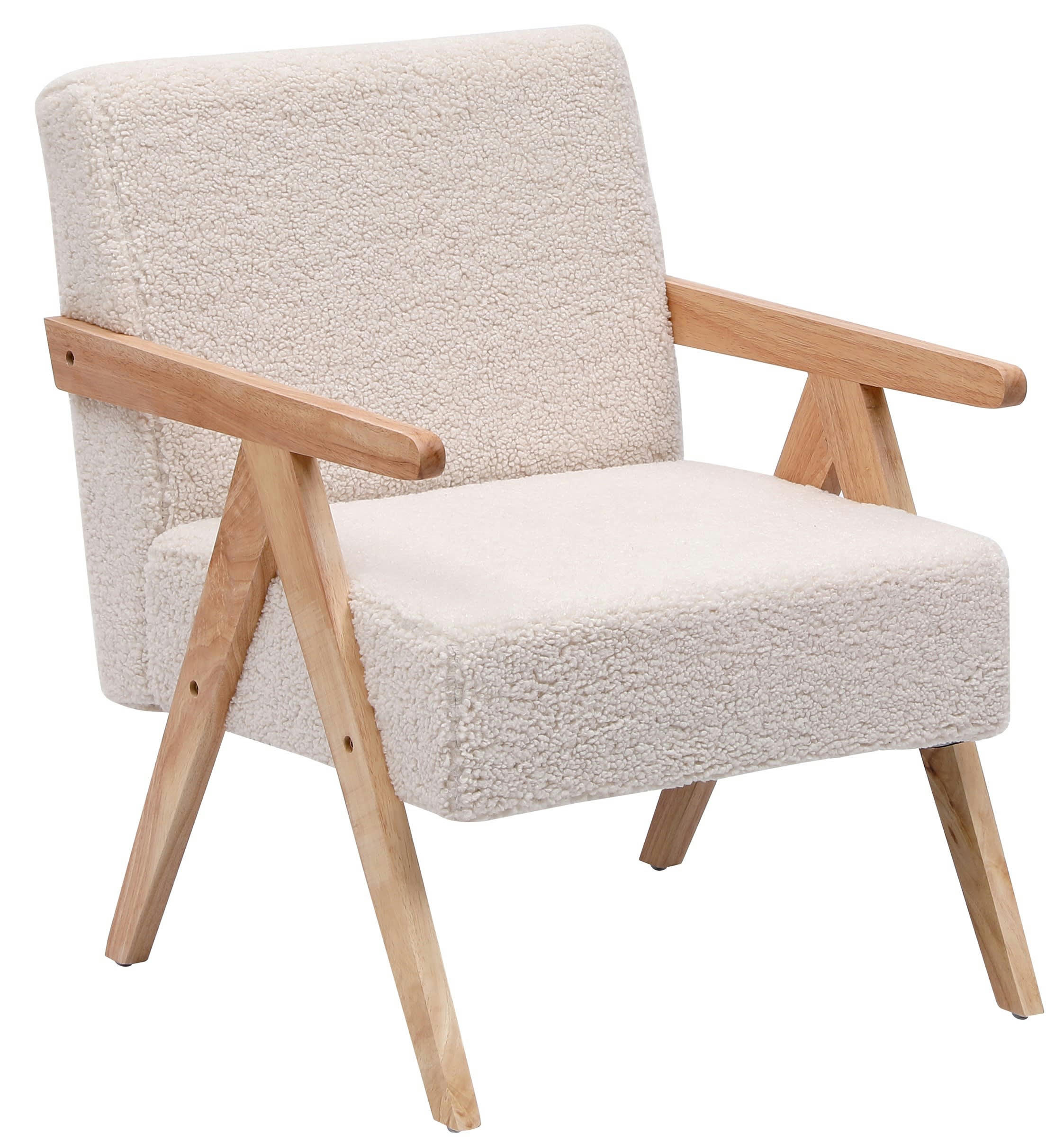 - Fauteuil de salon en bois massif et bouclettes blanches
