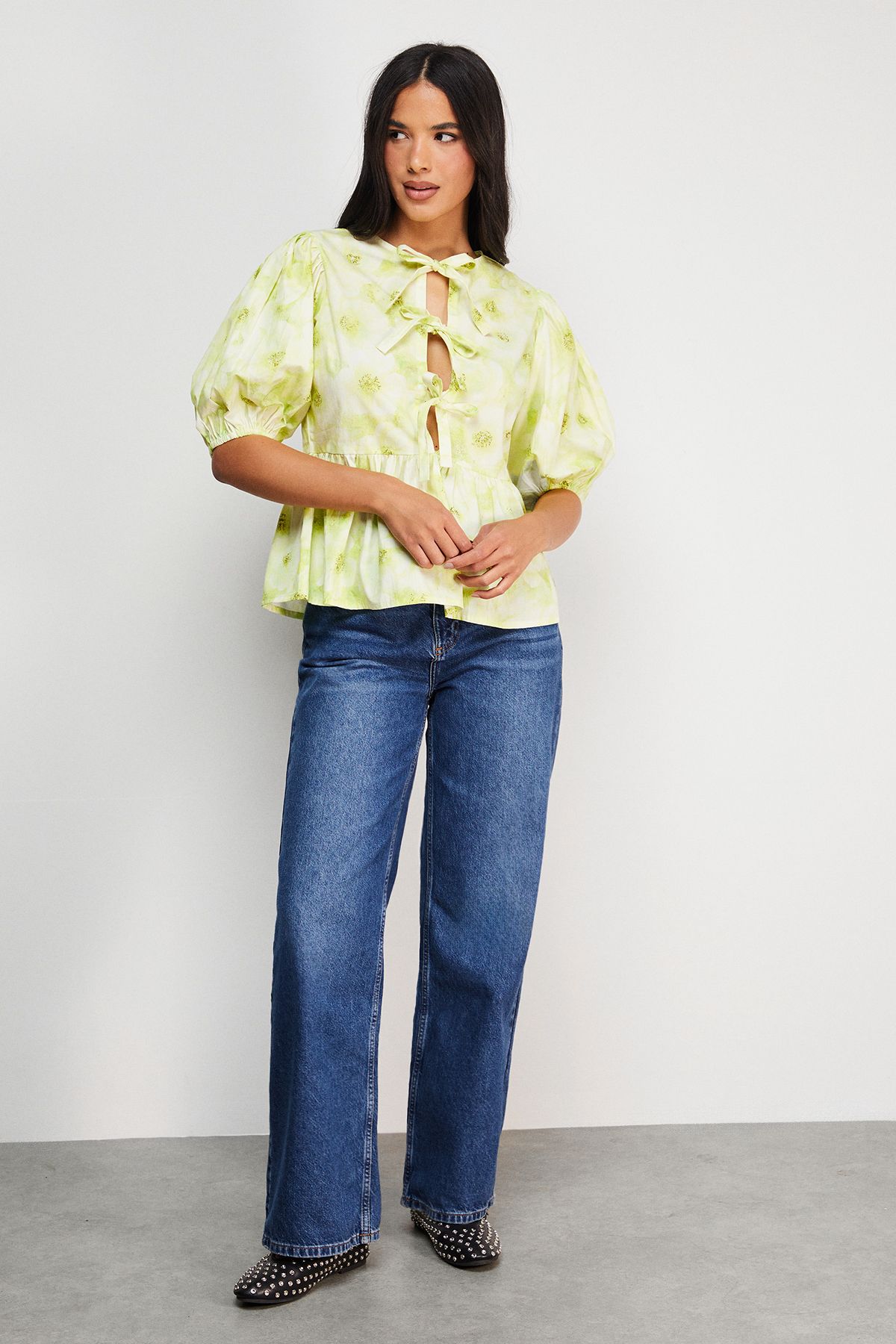 Warehouse Print Poplin Tie Front Volume Sleeve Blouse