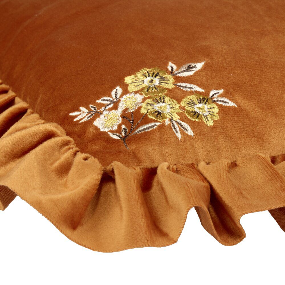 Coussin carré à volant angles fleurs brodées 40x40cm (2 modèles marron ou vert)