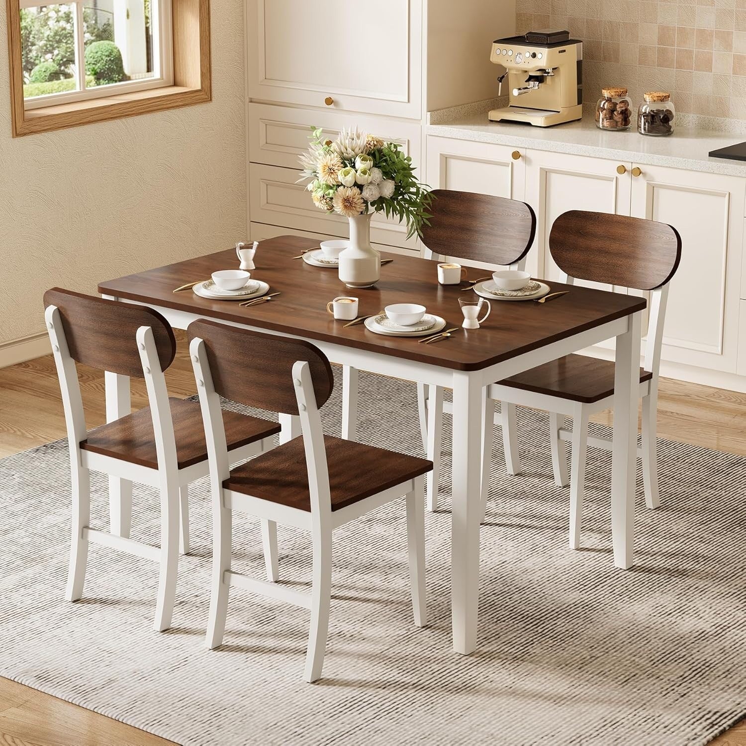 Dining Table Set, Rectangle Wooden Kitchen Table with Solid Wood Legs