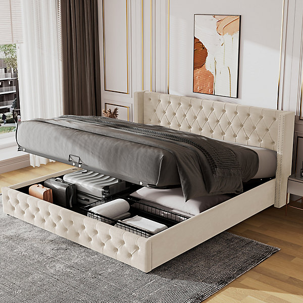 Lit 160x200 cm style Chesterfield avec tête haute 94,5 cm, revêtement velours beige et rangement hydraulique