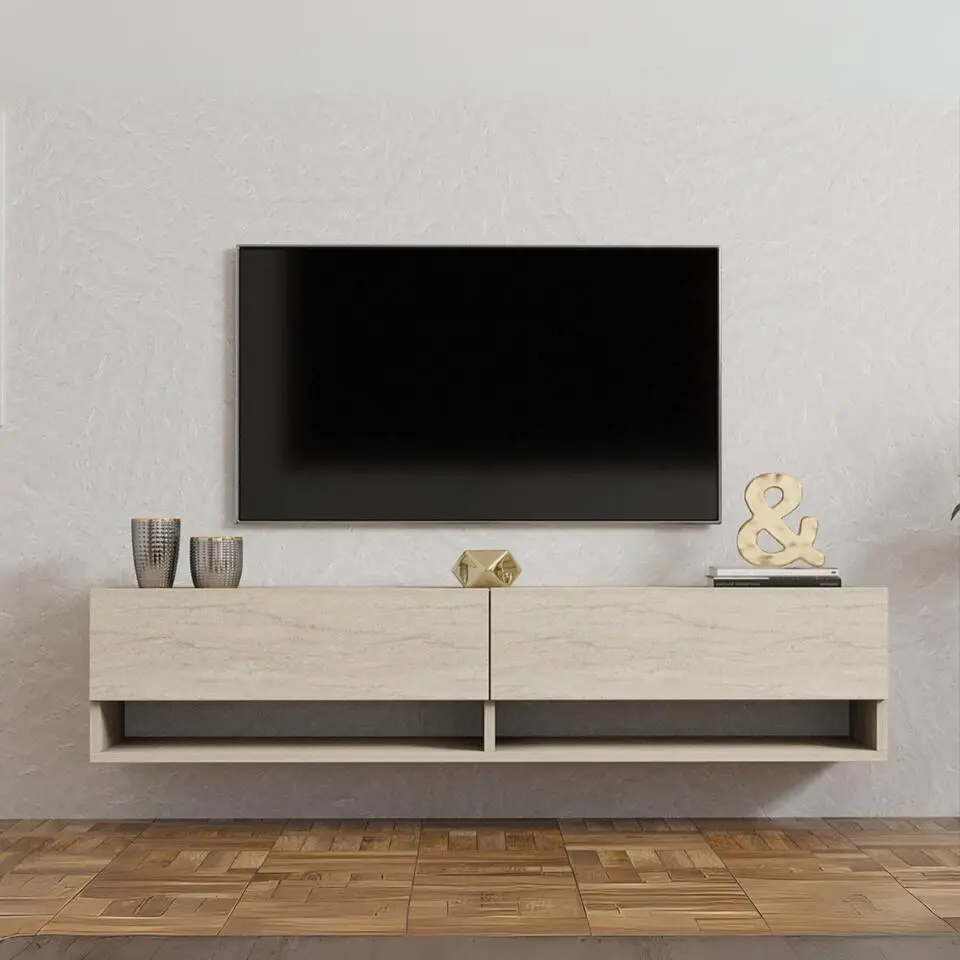 CALICOSY - Hangend tv-meubel met 2 klepdeuren ARGES - Beige - 30x141x31 cm