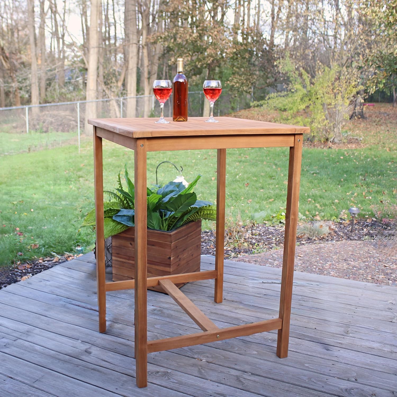 Sunnydaze 2-Person Solid Teak Wood Square Patio Bar Table - for Indoor or Outdoor Use - 31 Square x 43.5 H