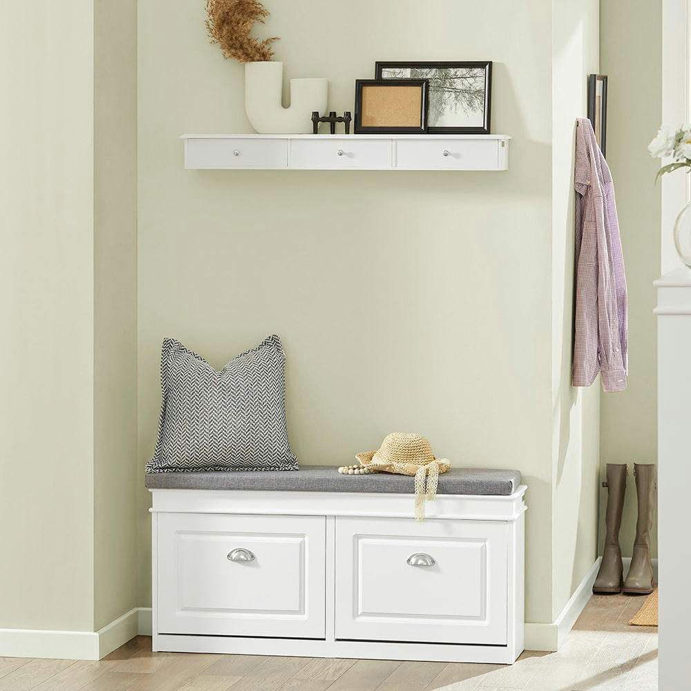 - Banc de rangement à chaussures 2 abattants avec coussin en mdf  blanc