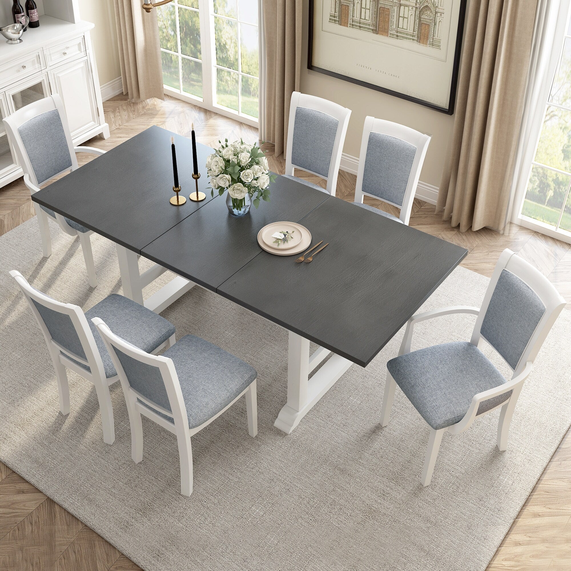7-Piece Wooden Dining Table Set with Extendable Rectangular Table, 4 Chairs & 2 Armchairs