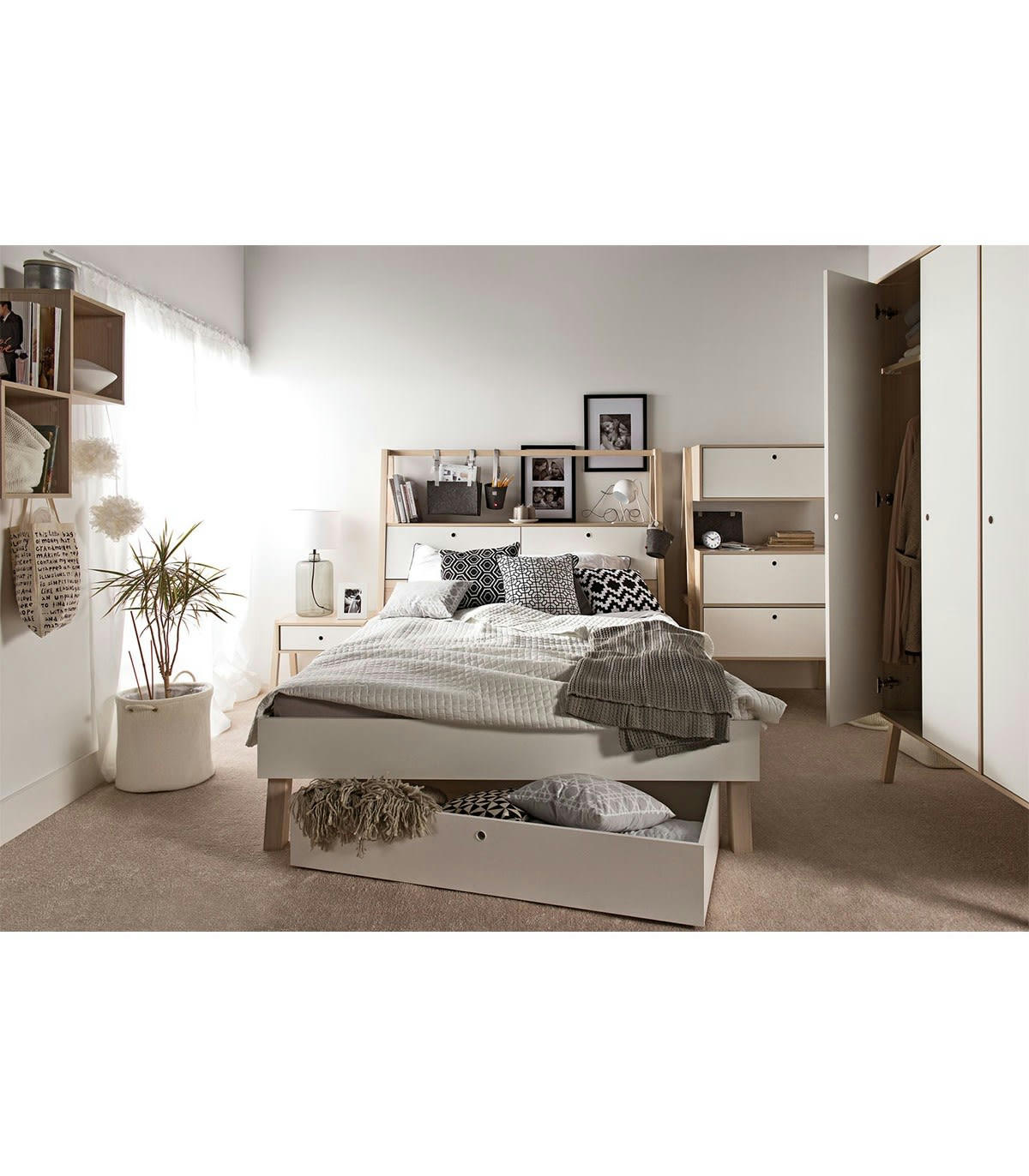 SPOT - Armoire 3 portes, 5 étagères et 1 penderie - Blanc et beige