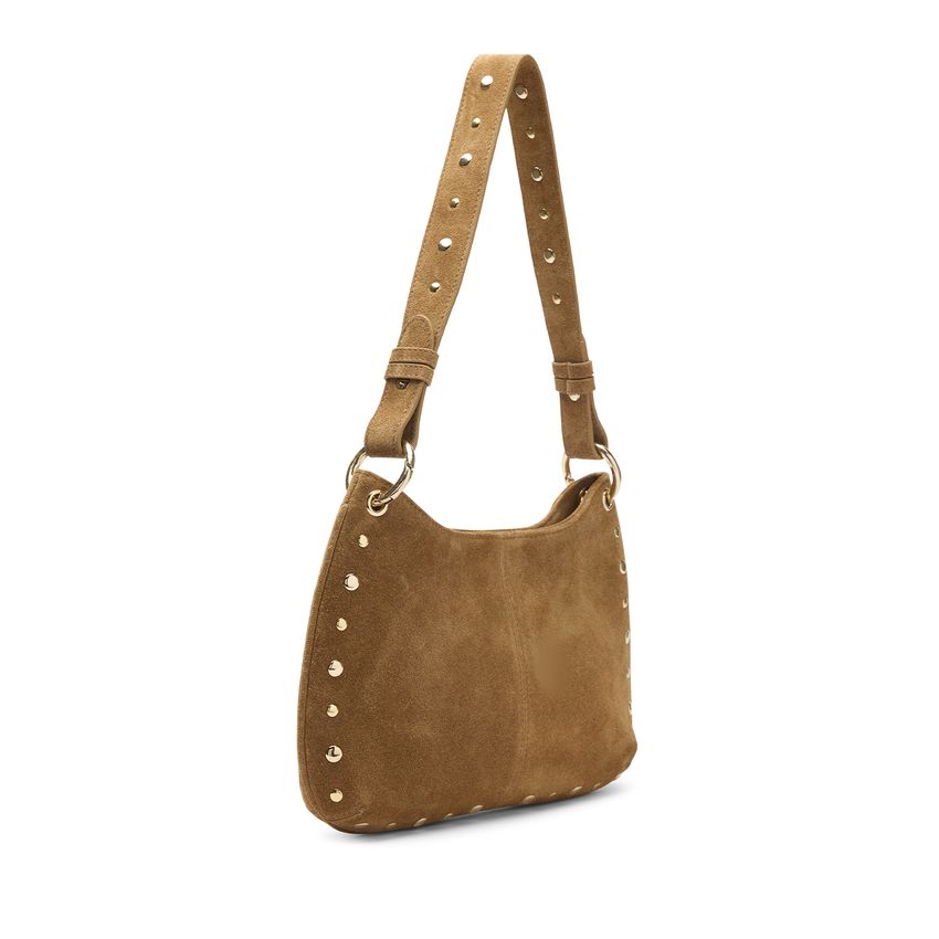 Manfield Cognac suède schoudertasje met gouden studs