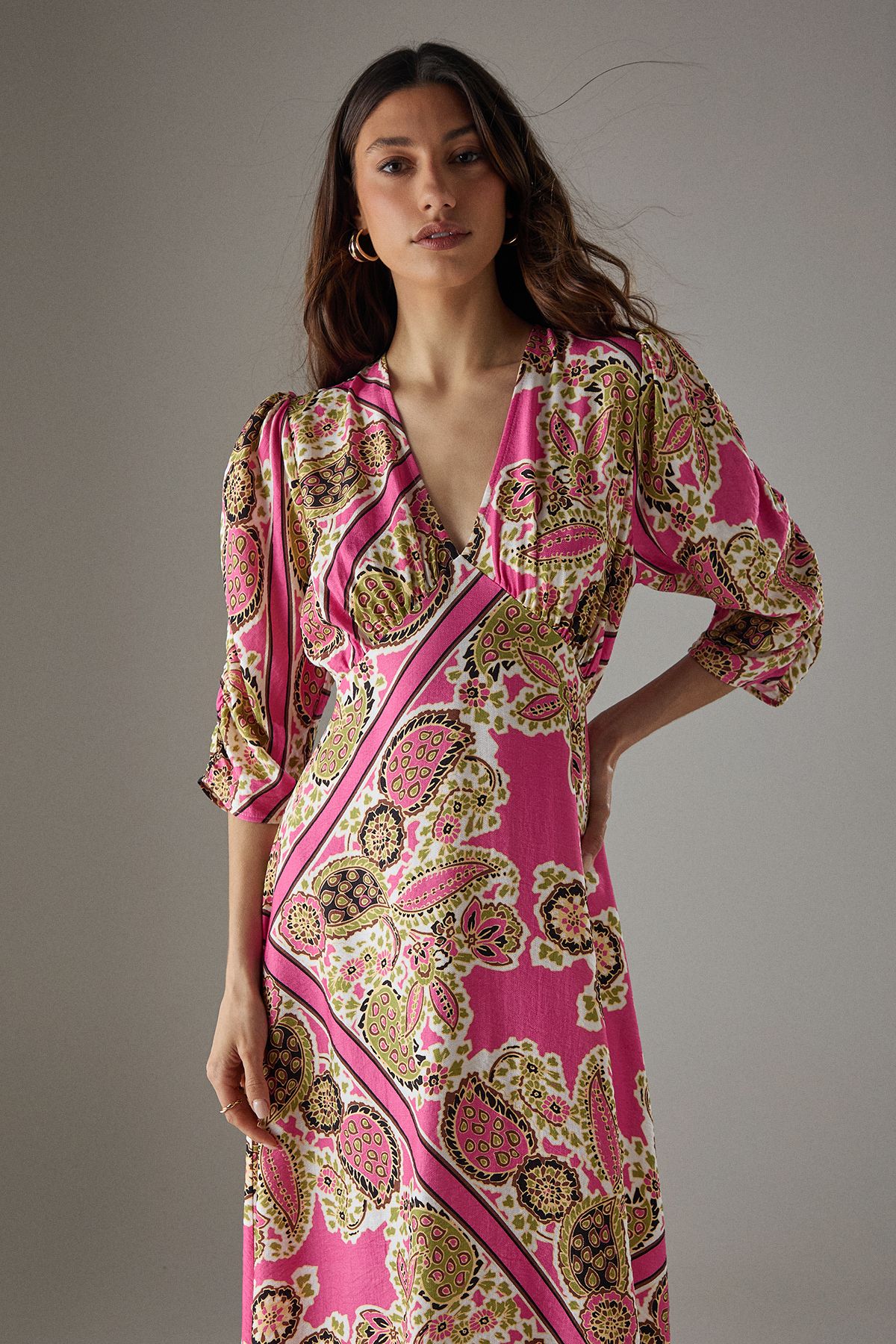 Warehouse Viscose Paisley V Neck Puff Sleeve Midi Dress