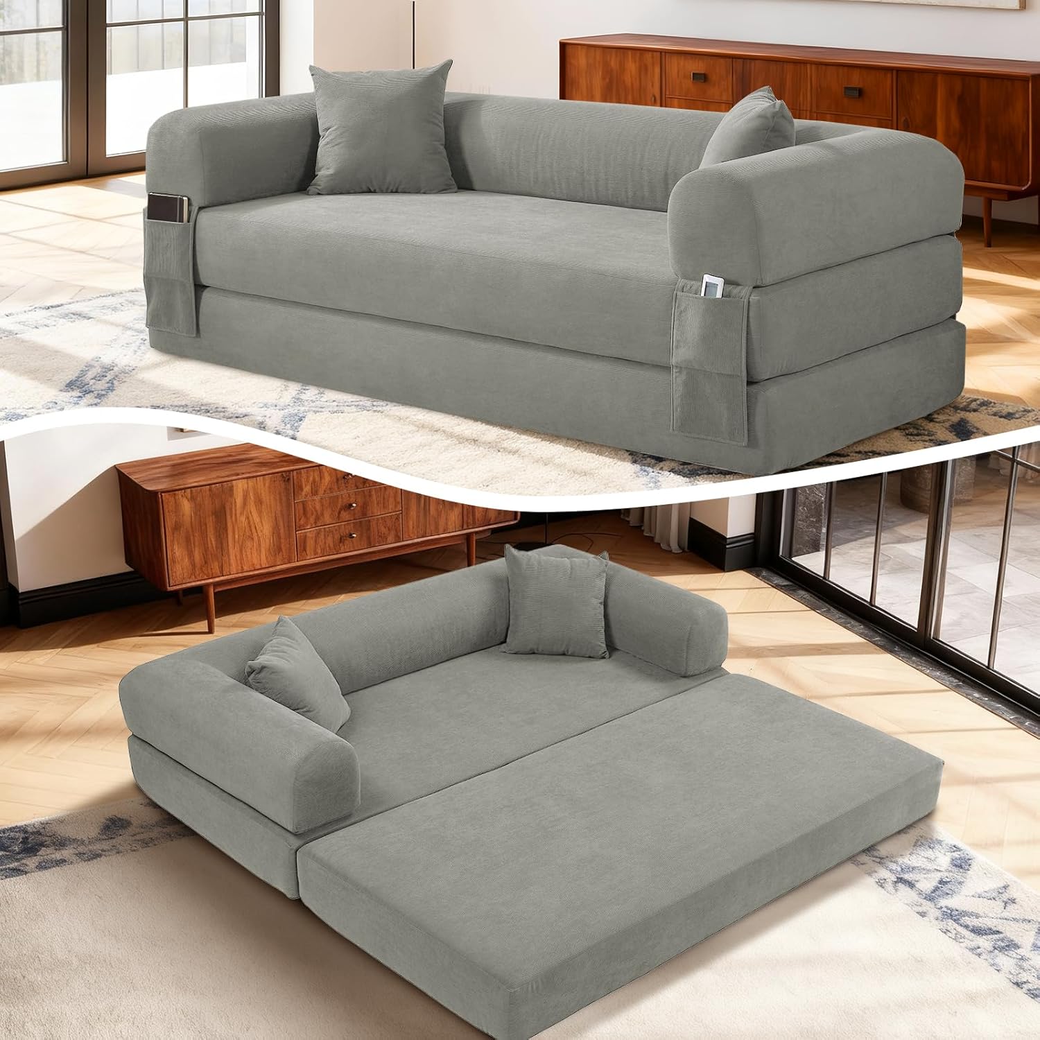 4-in-1 Folding Convertible Sofa Bed, 80 Inch Oversized Corduroy Boneless Couch, Loveseat Sleeper with Pull Out Bed, Floor Sofa Modular Futon Teddy Sofa for Living Room Bedroom Lounge, Light Gray