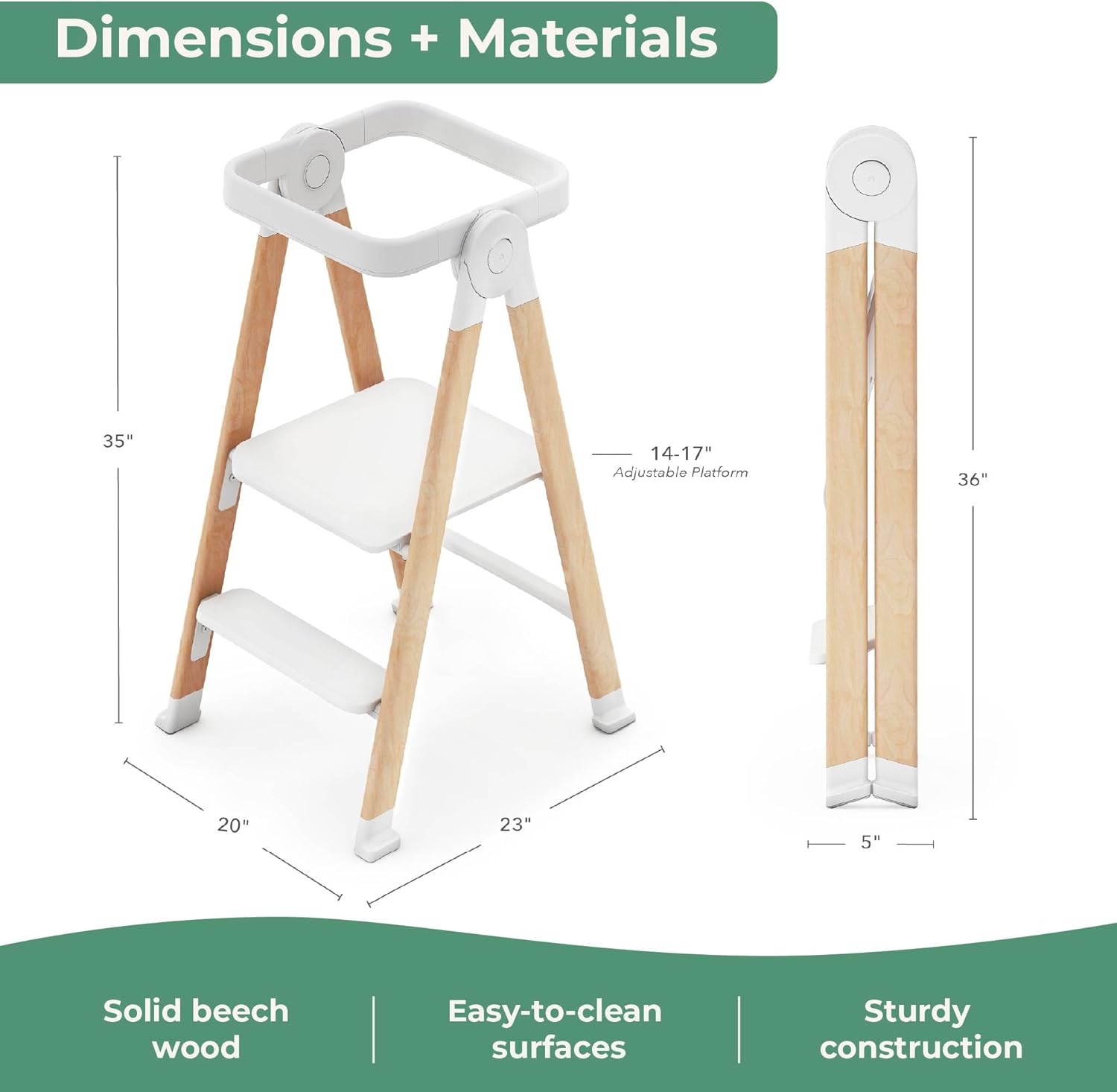 Guidecraft Kitchen Helper Flex Toddler Tower Step Stool for Kids and Adults - White: Adjustable and Foldable Wood Step Stool