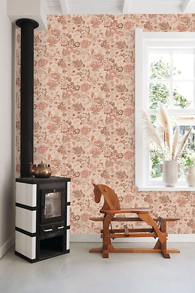 ESTAhome papier peint fleurs vintage rose terracotta 53 cm x 10.05 m