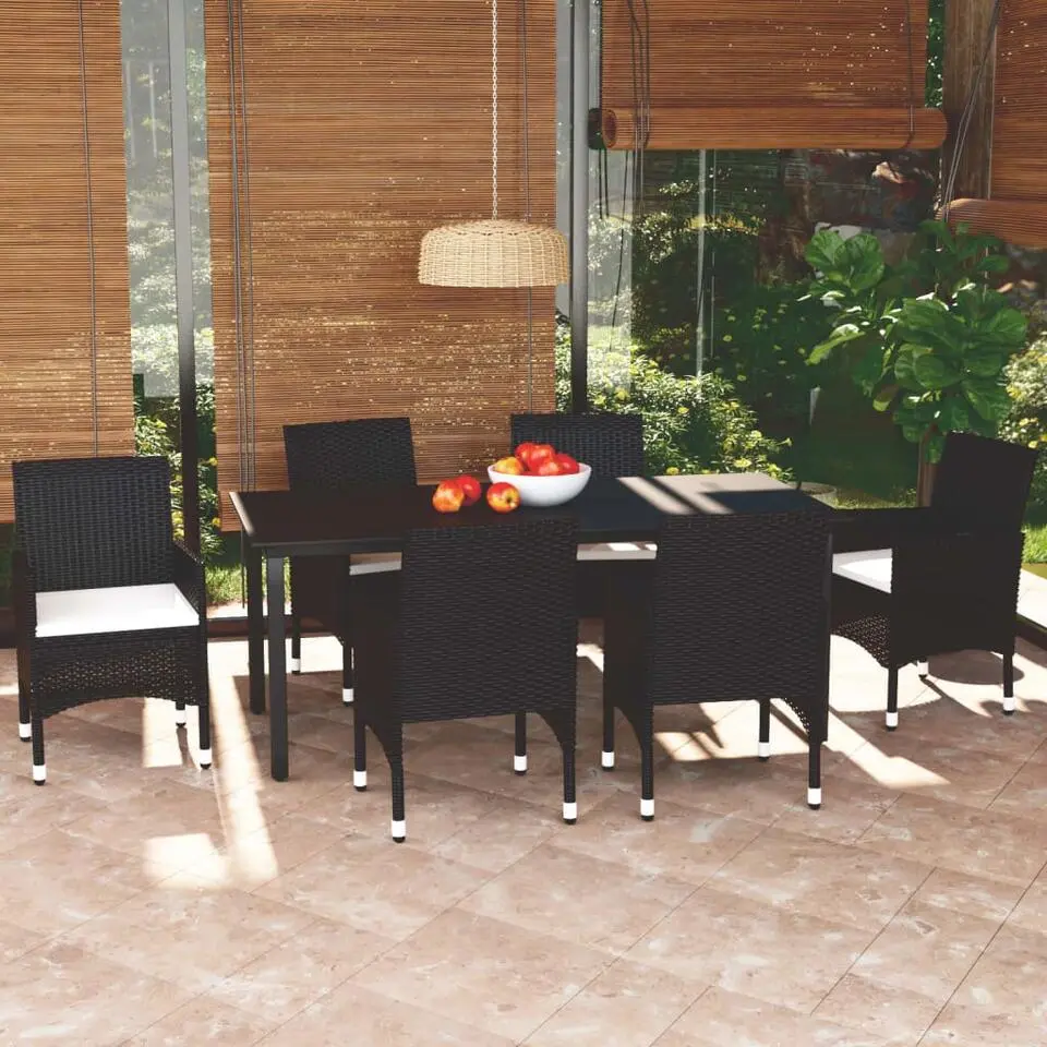 vidaXL - 7-delige Tuinset met wit kussens - Zwart poly rattan & glas - 190x90 cm