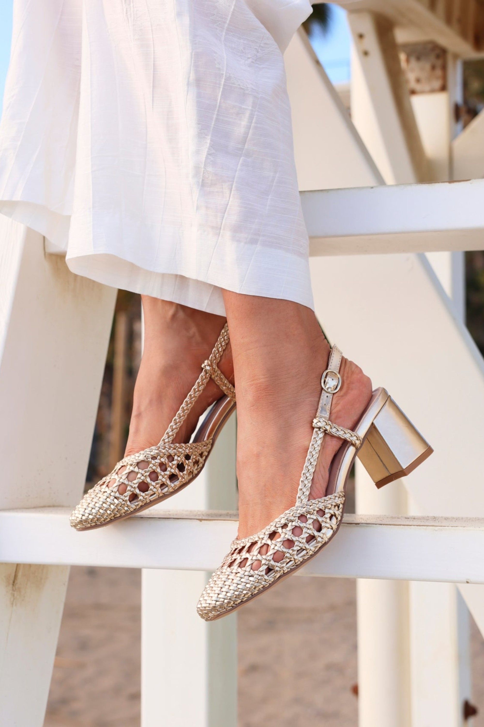 Linzi Sandria Gold Hand Woven Court Heels