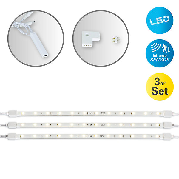 LED 'Stripe' avec détecteur de mouvement, 3 x 0,3 m, au total 27 LED avec au total 7 watts, blanc chaud