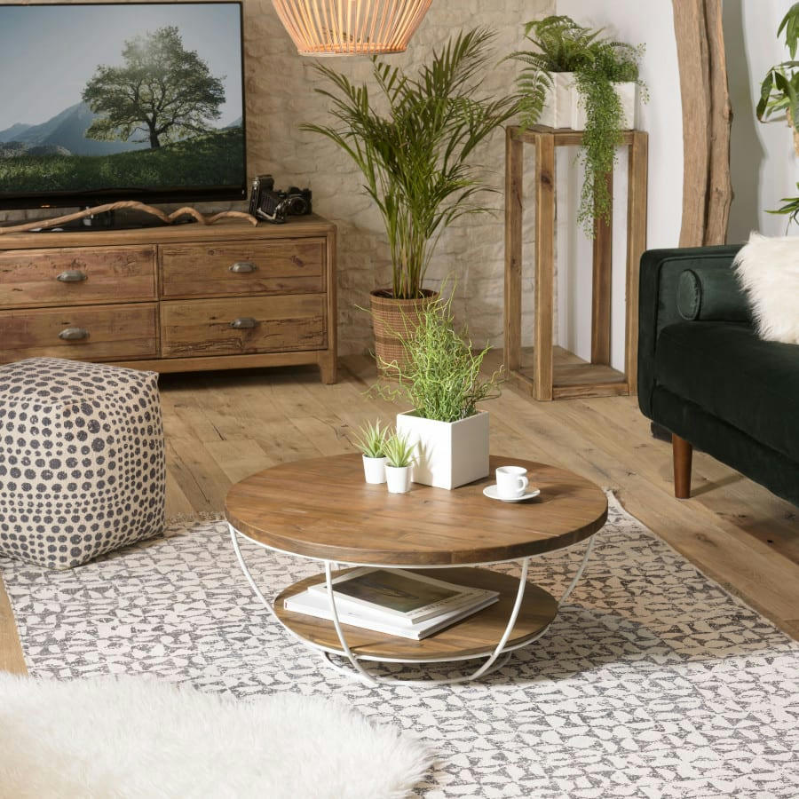 ALIDA - Table basse coque 2 plateaux en teck recyclé métal blanc L80