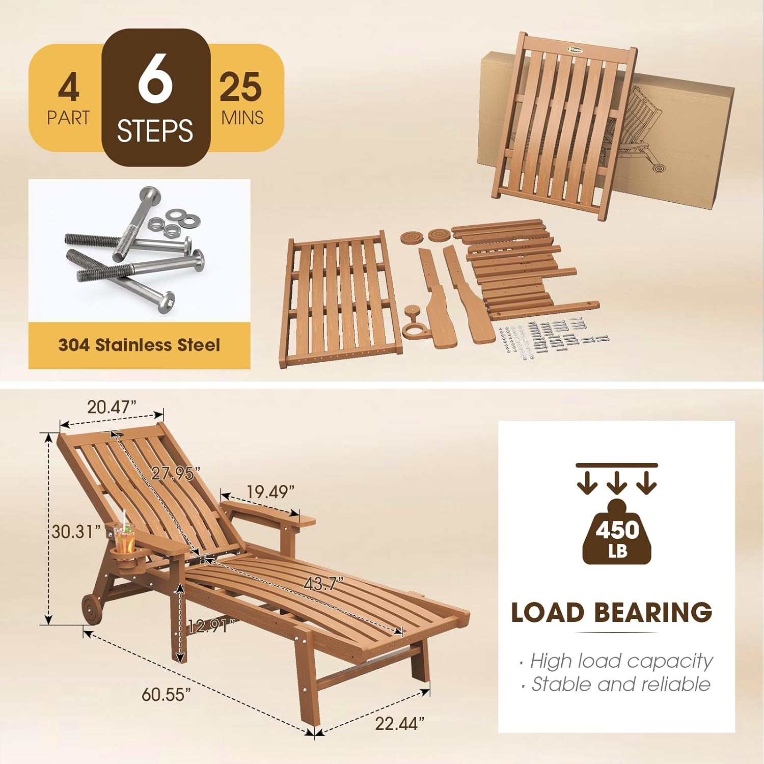 Patio Chaise Lounge Chair  Oversized Lounge Chair Outdoor with 5 Positions  HDPE  Patio Lounge Chair with Wheels & Cup Holder for Pool  Deck  Poolside Wood