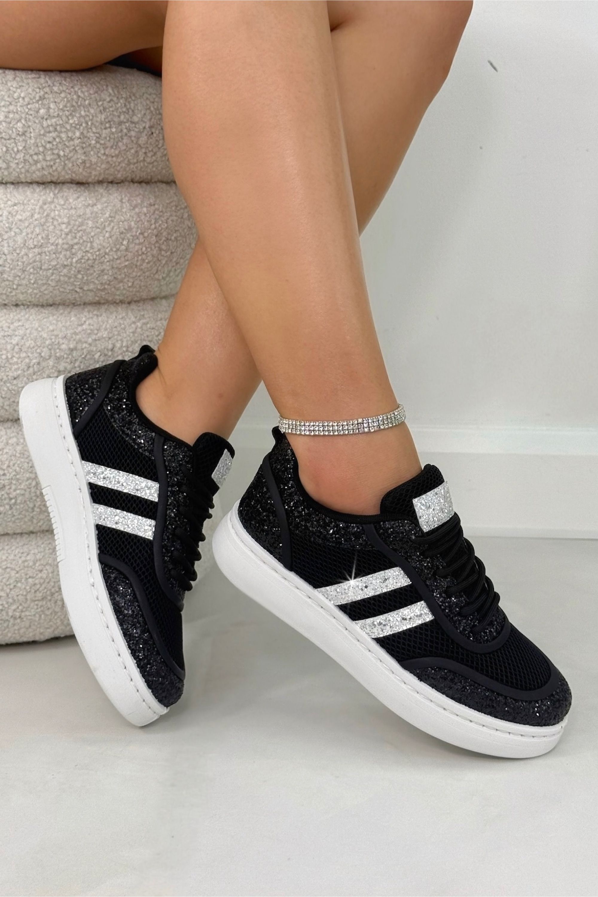 Love Lemonade Crystal Nova Sparkle Stripe Lace-Up Trainers