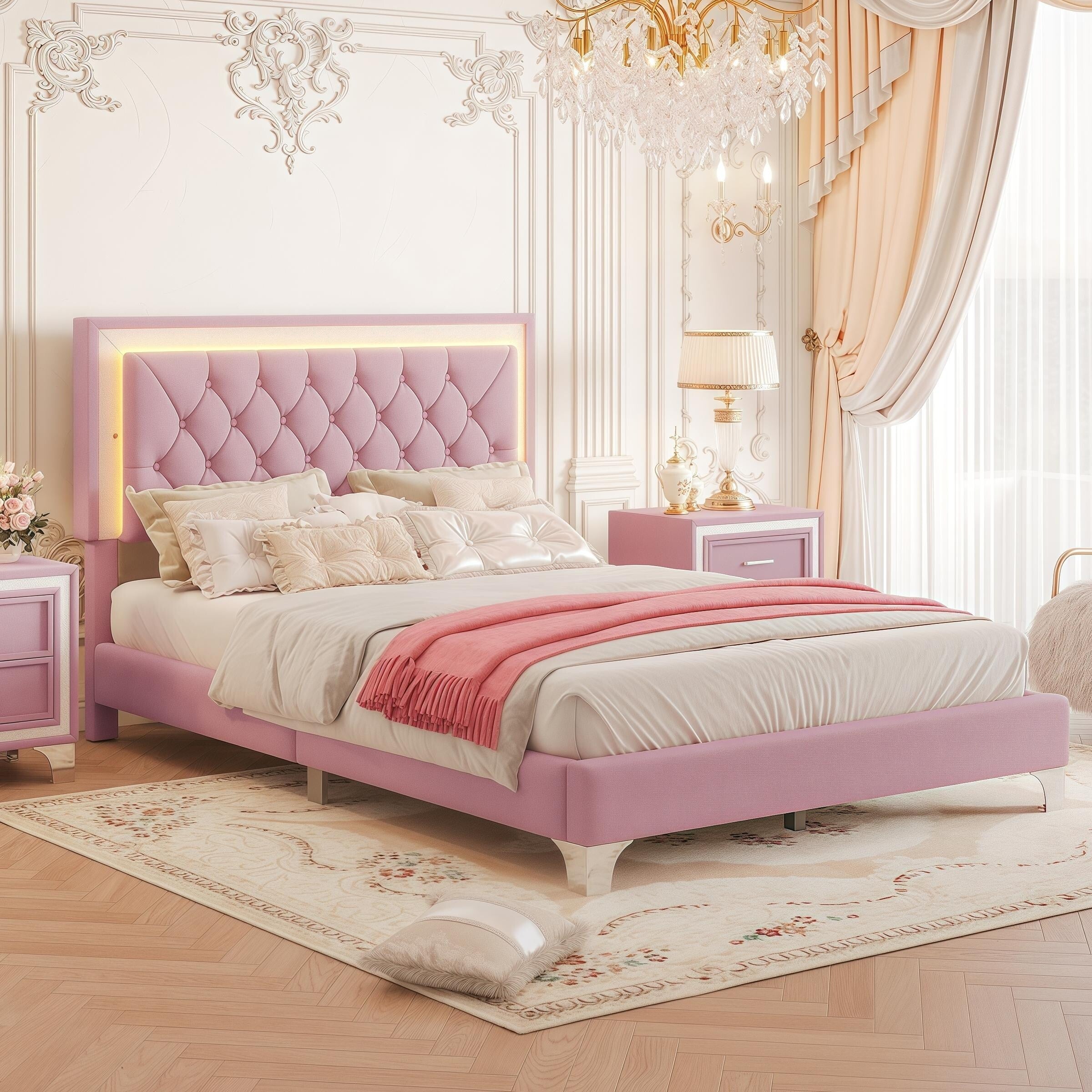 Full Size Upholstered Bed Frame with LED Lights,Modern Velvet Platform Bed with Tufted Headboard,Pink
