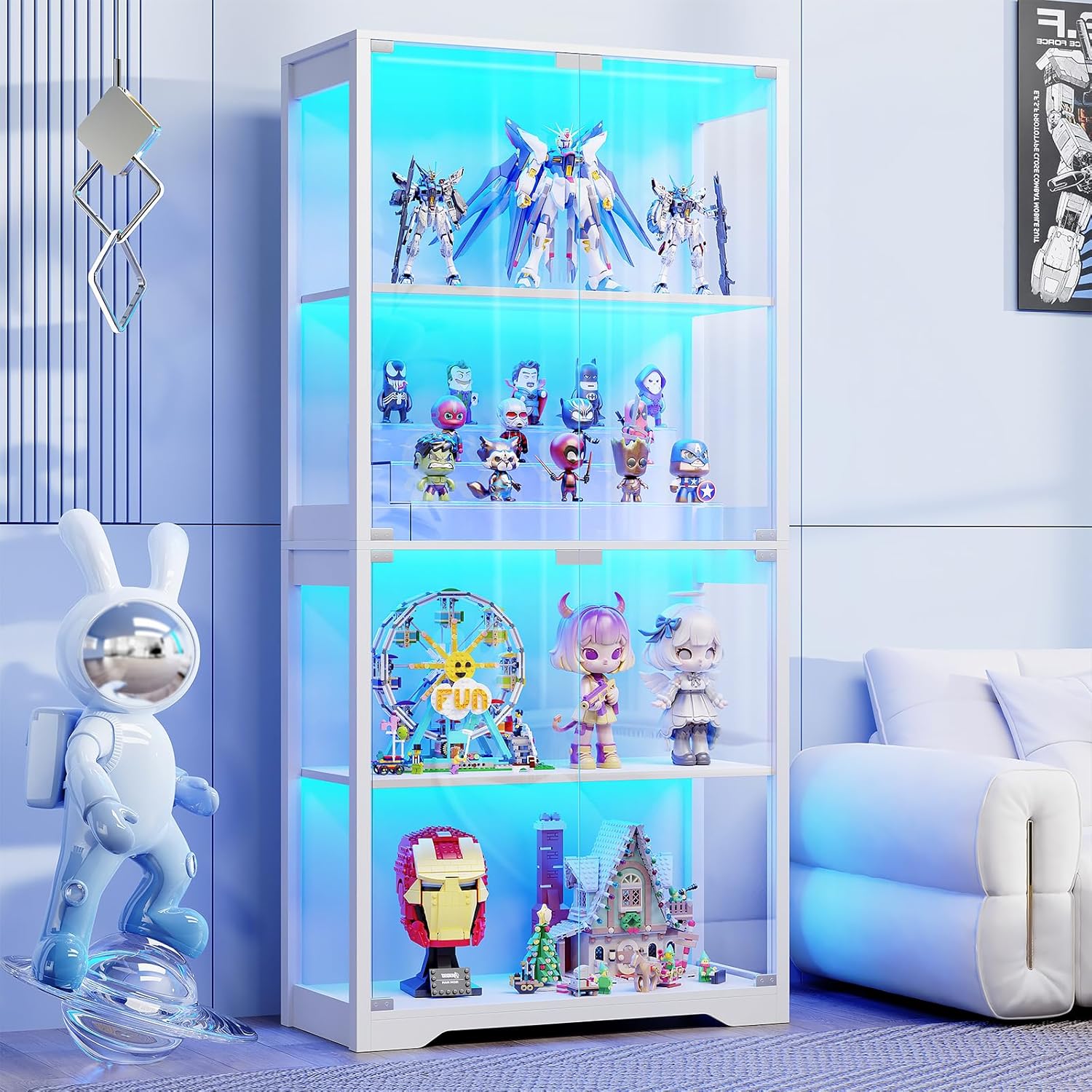 BROTTAR Display Cabinet with Glass Doors, 4-Tier Curio Cabinet with 3 Color Lights for Collectibles, Glass Display Case with Human Body Sensor, Bookcase with 4 Shelves, Storage Cabinets, White