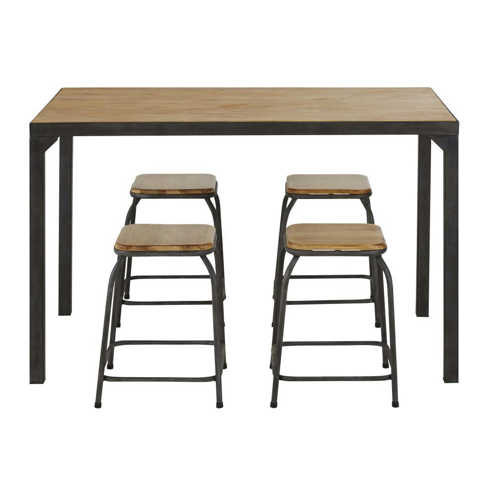 Chuck - Table à manger et tabourets (x4) en bois de sapin massif et métal 6 personnes L120