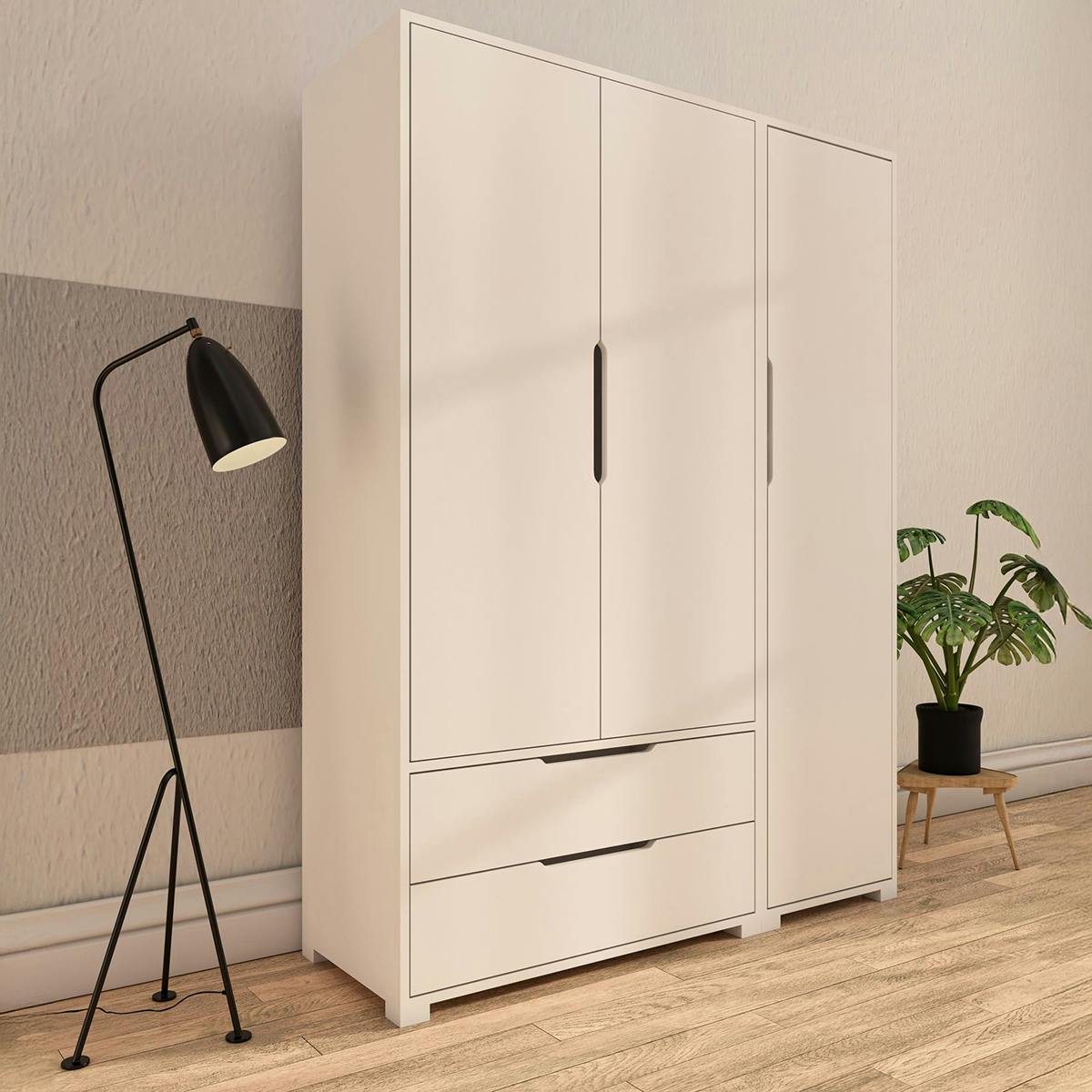 Armoire penderie blanche 3 portes 2 tiroirs BYRON