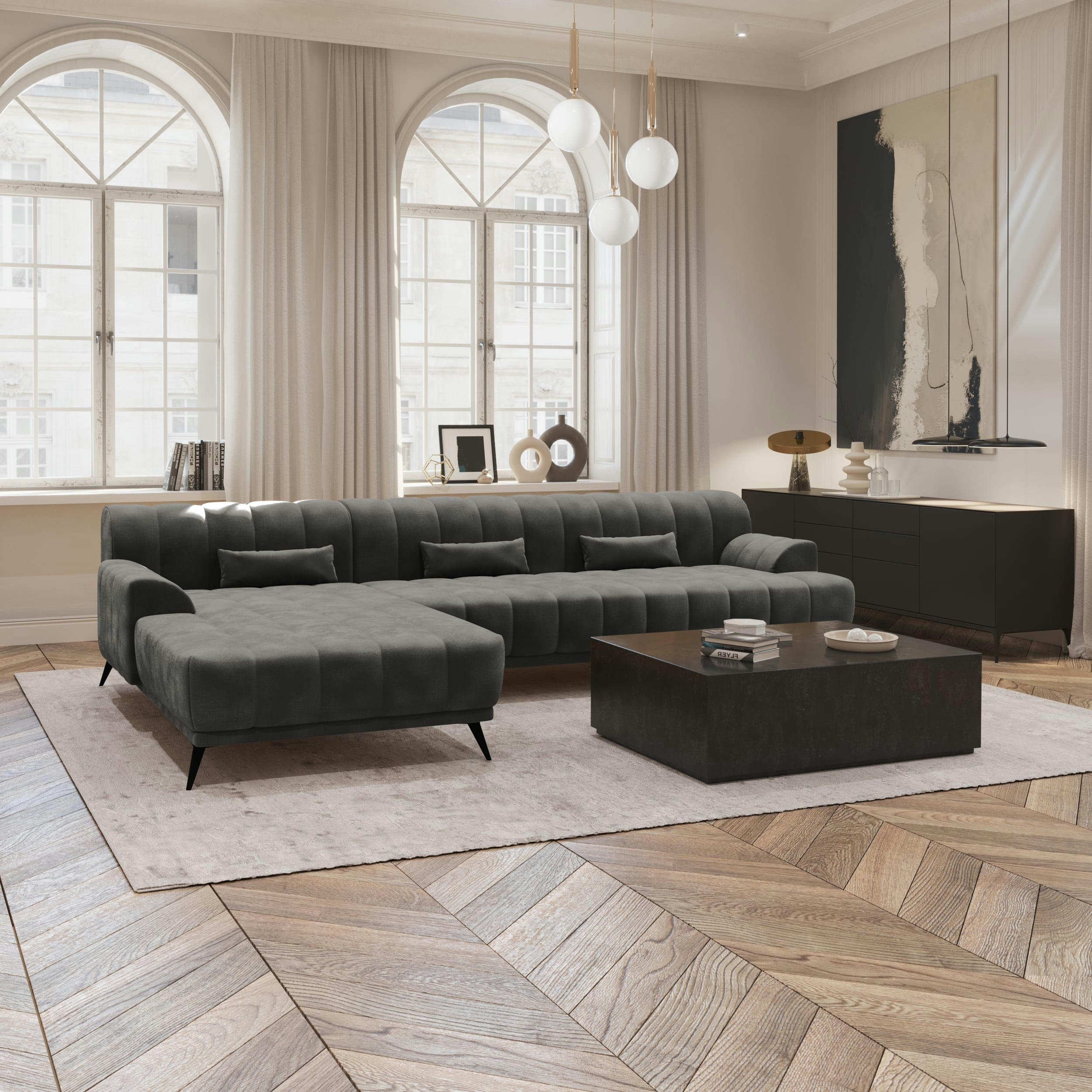 NOAH - Canapé d'angle gauche  tissu velours gris graphite