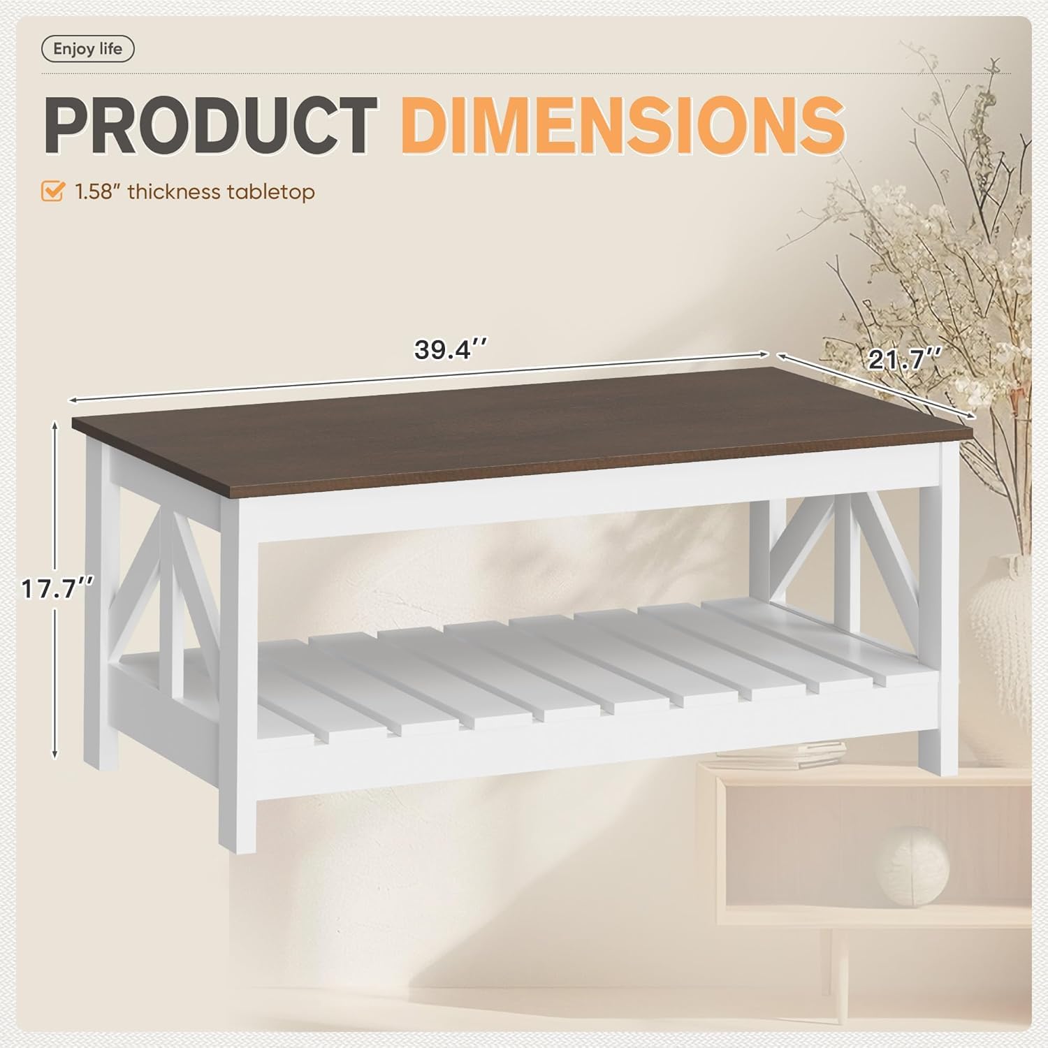 YESHOMY Farmhouse Coffee Table, Coffee Tables for Living Room, Farmhouse Square Coffee Table with Storage, Couch Table, Small Tables for Small Spaces, Brown and White