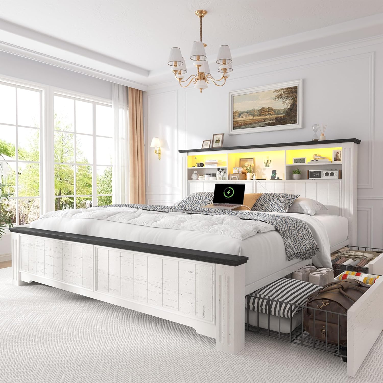 EnHomee Queen Bed Frame with Headboard and Storage, 4 Drawers and LED Built in Charging Station Bed Frame Queen Size with Storage Farmhouse, NO Noise,No Box Spring Needed, White