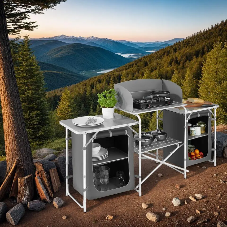 tectake - Campingkeuken 172x52x104cm, Grijs