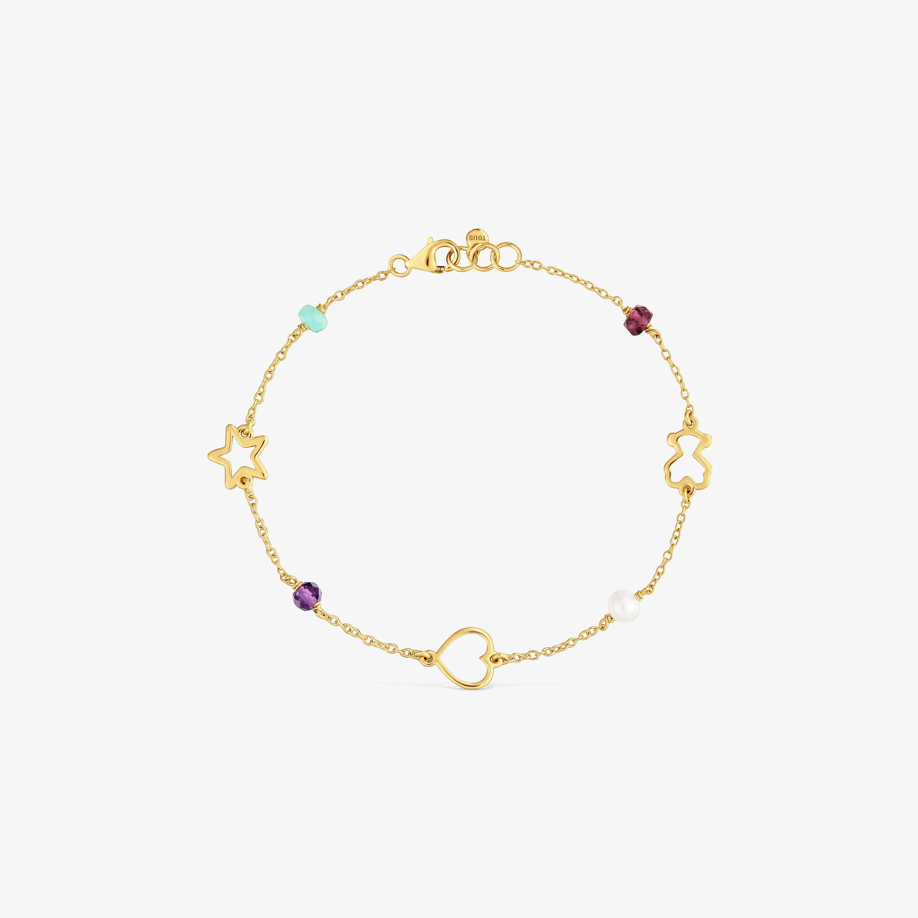 Pulsera cadena de oro 9 kt con motivos y gemas Silueta