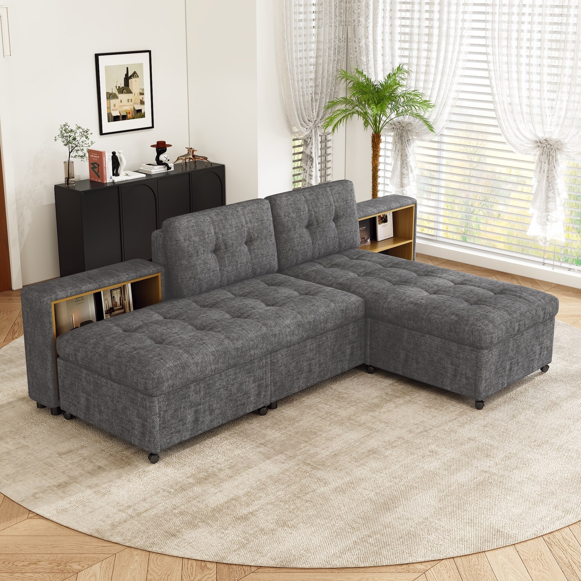 Modern Modular Sofa Bed with Built in Storage Racks and Chenille Upholstery and multiple wheels for Living Room