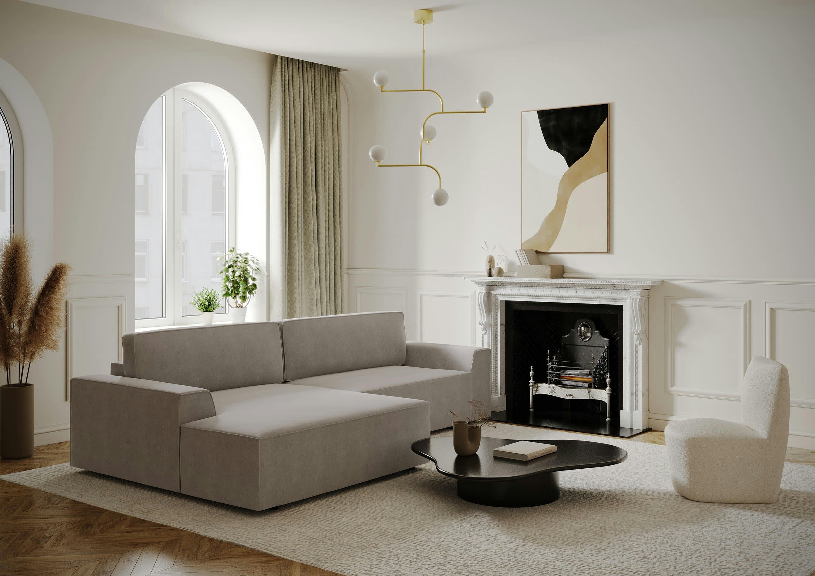 ELIOTT - Canapé angle gauche convertible coffre velours taupe 300x174cm