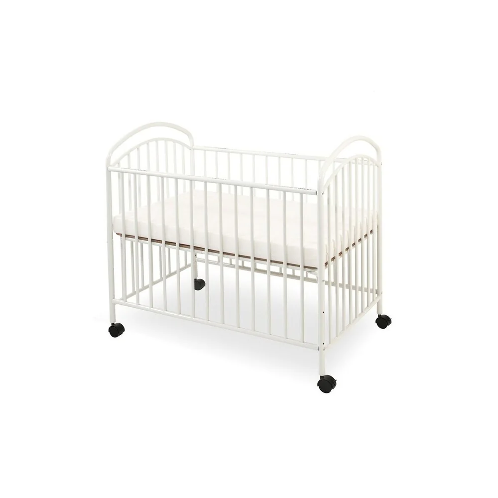 Grid Metal Mini Crib with Adjustable Mattress Height and Casters,White
