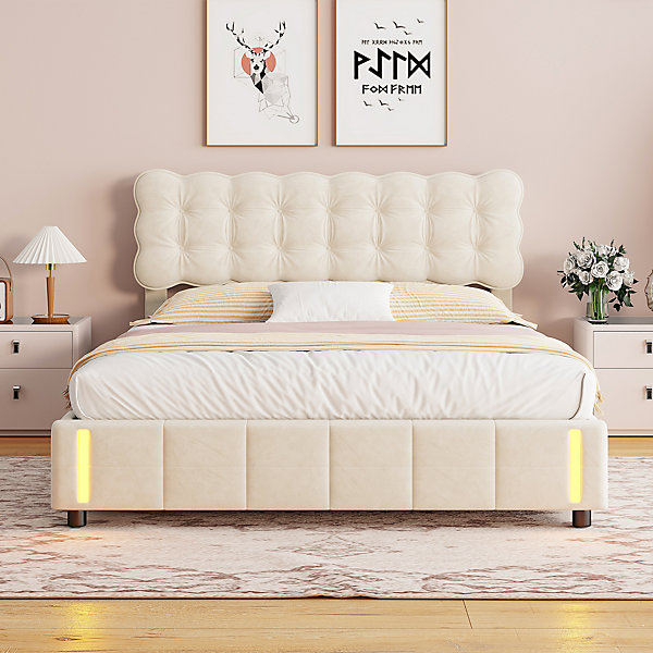 Lit Coffre 160x200cm, Cadre De Lit Rembourré Avec éclairage LED Et Sommier à Lattes, Velours Beige