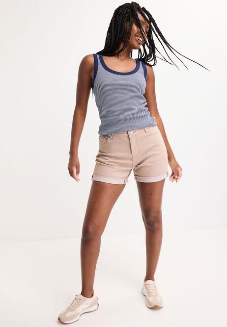 Womens Mocha Mid Length Denim Shorts
