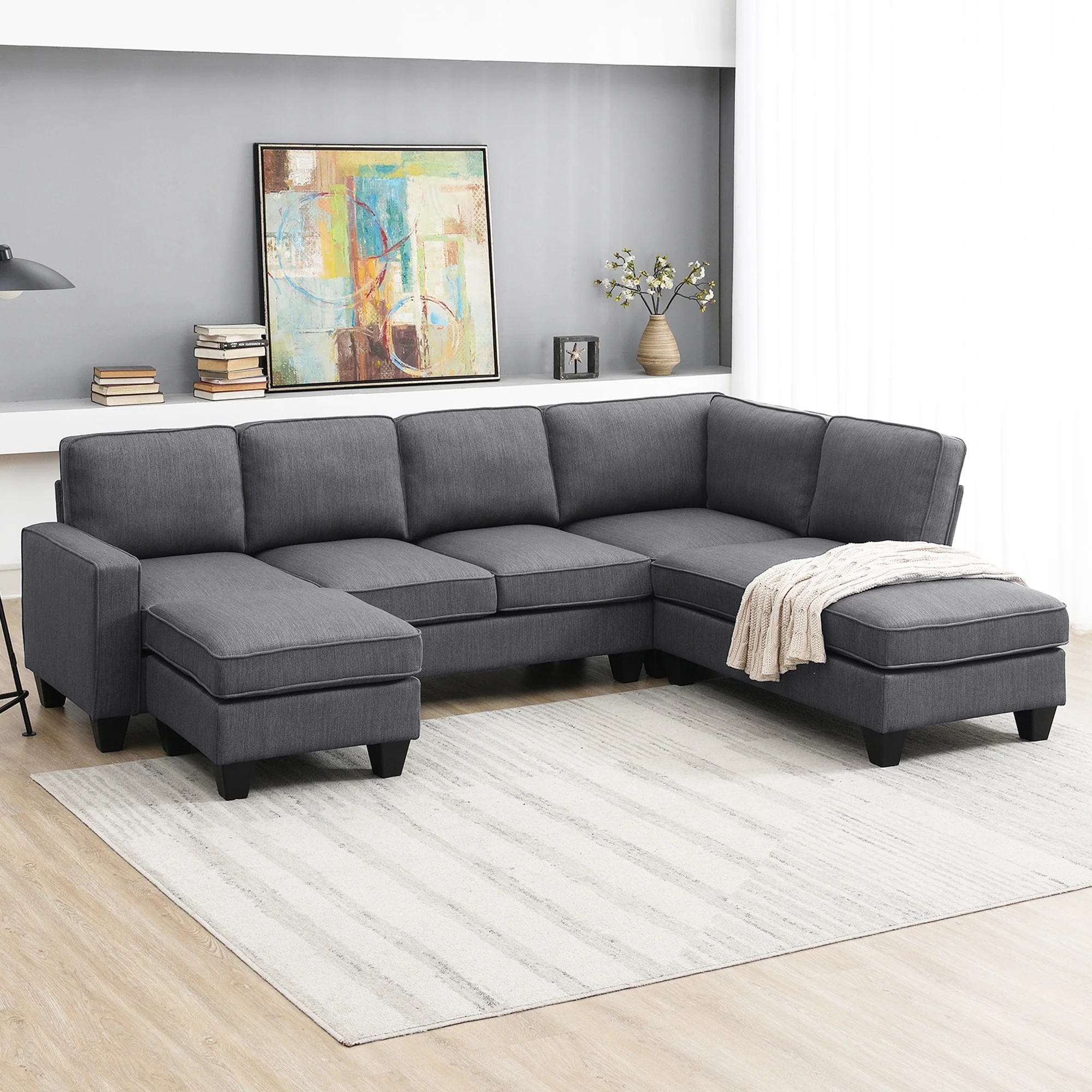 Modern 7-seat Linen Fabric L-shaped Sectional Sofa