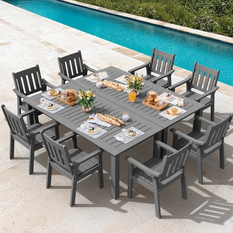 WINSOON 10-Piece HIPS All Weather Outdoor Patio Dining Sets with Umbrella Hole& Aluminum Frame,2-Table 8-Chairs