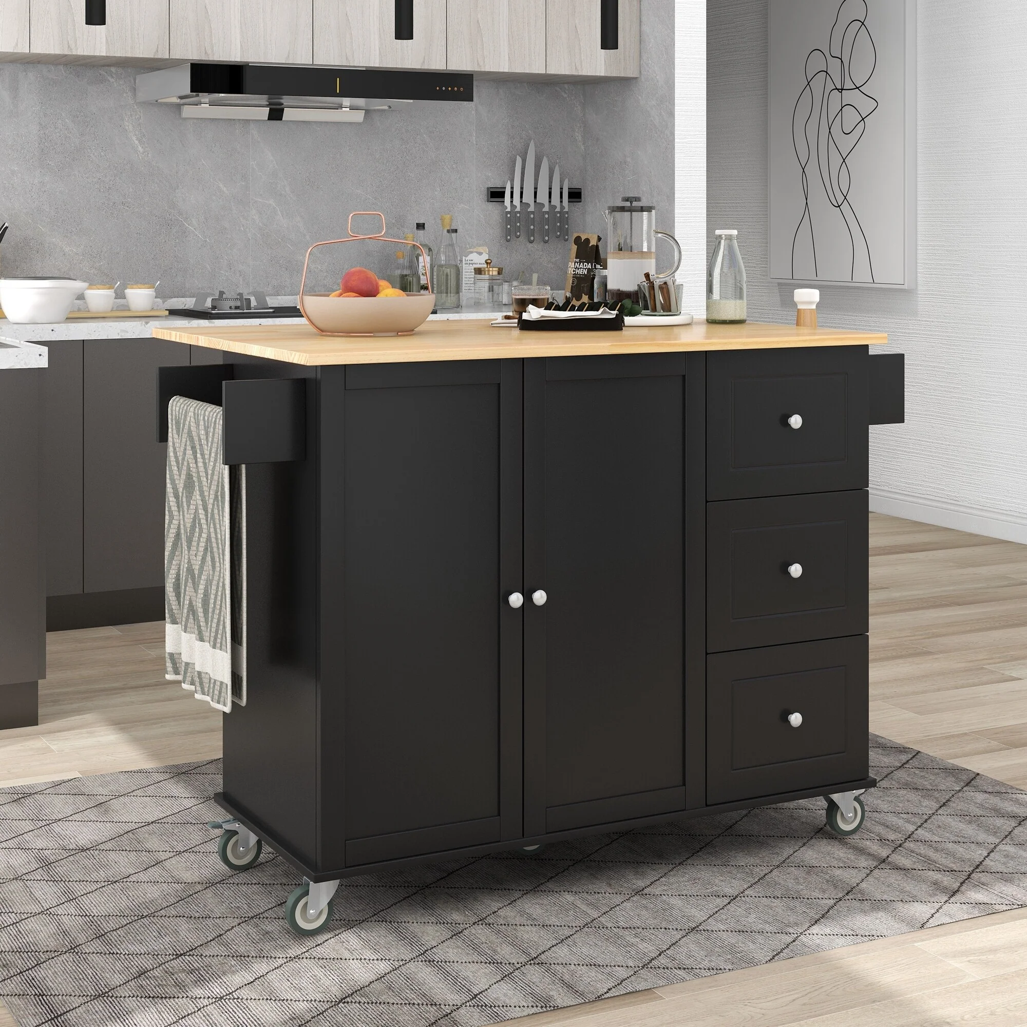 Roomfitters Rolling Mobile Kitchen Island with Solid Wood Top and Locking Wheels, 52.7 Inch Width, Storage Cabinet and Drop Leaf