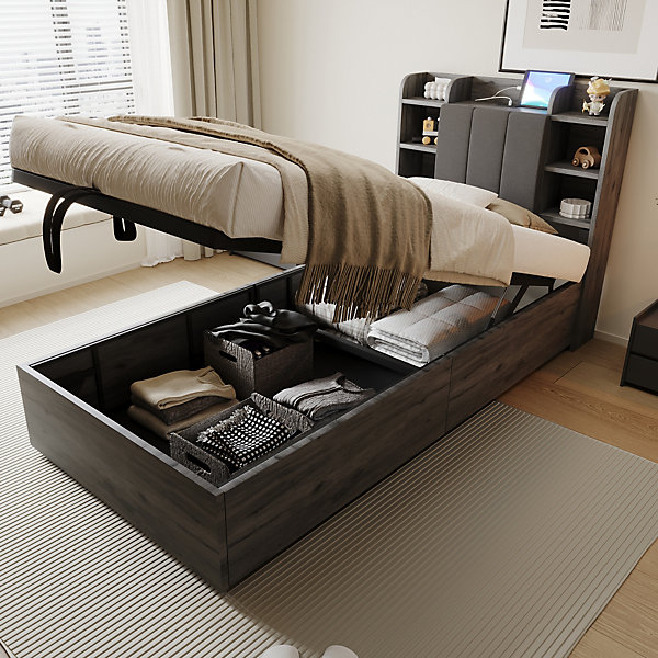 Lit simple bois gris 90 par 200 cm avec tete de lit rangement prise USB et Type C systeme hydraulique sans matelas