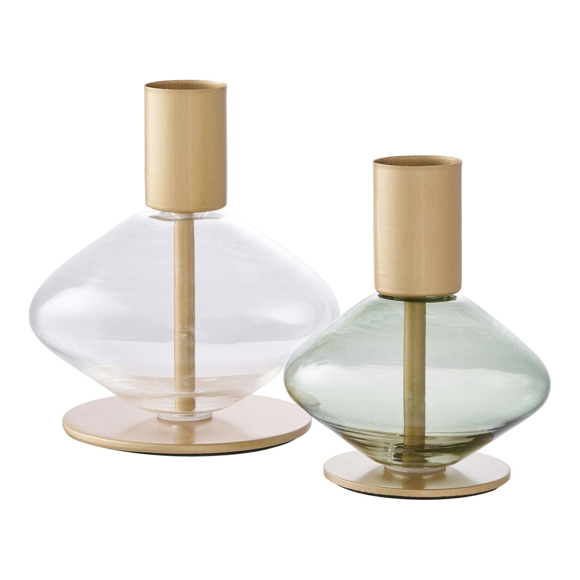 Bougeoir en verre et métal doré (lot de 2) - design arrondi, transparent/vert