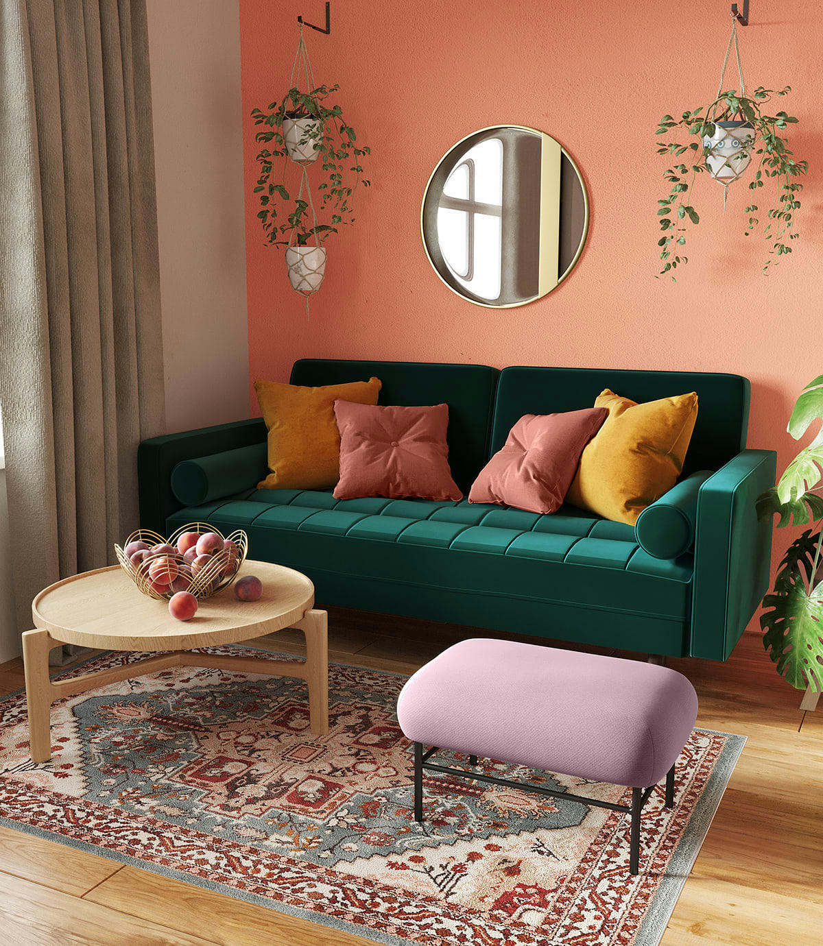 EMMY - Banquette en tissu rose et métal noir