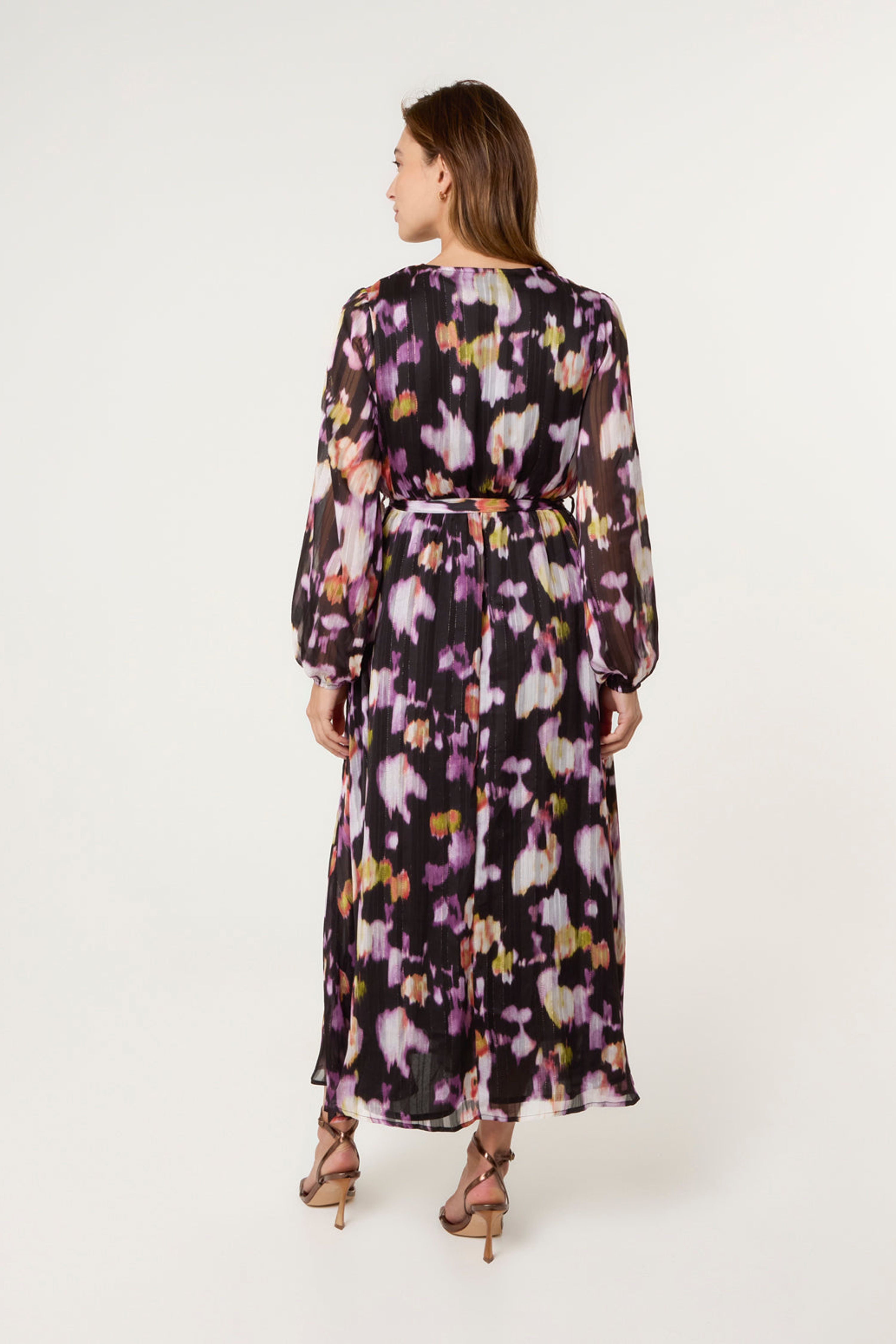 Blue Vanilla Black Metallic Watercolour Wrap Maxi Dress