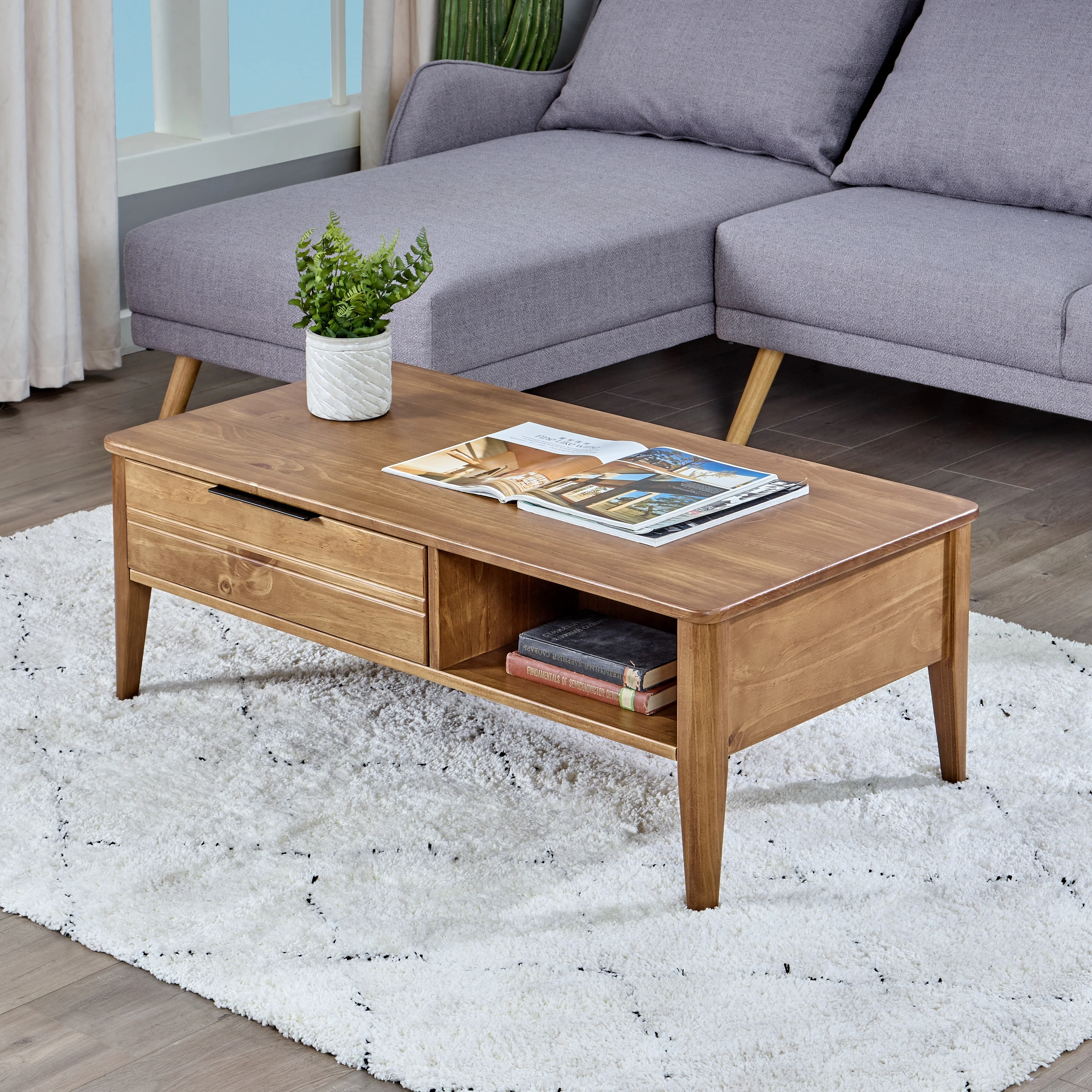 MUSEHOMEINC California Mid-Century Solid Wood Rectangle Coffee Table with Storage Drawer for Living Room/Cocktail Height Design