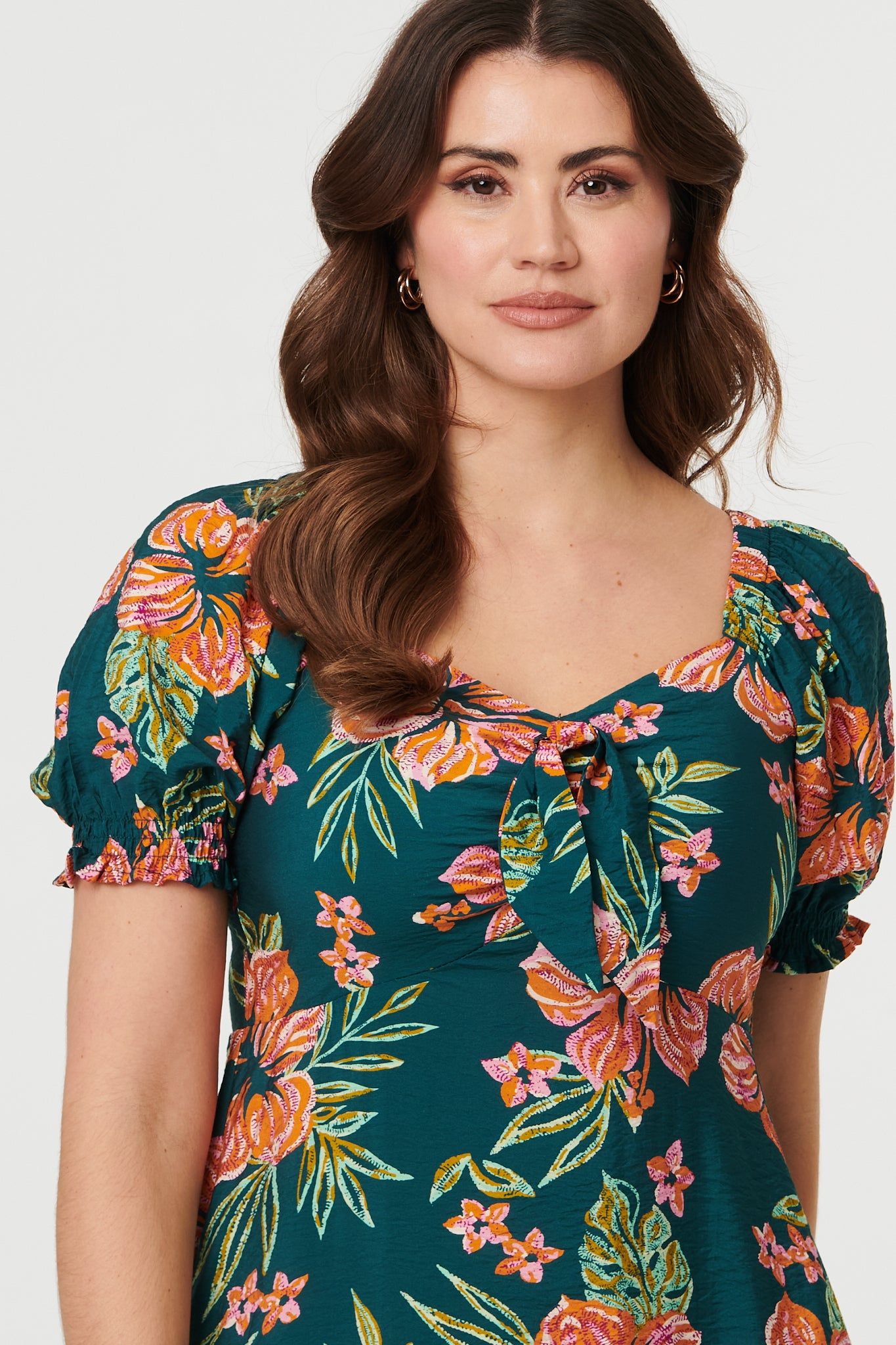 Izabel London Floral Tie Short Puff Sleeve Midi Dress