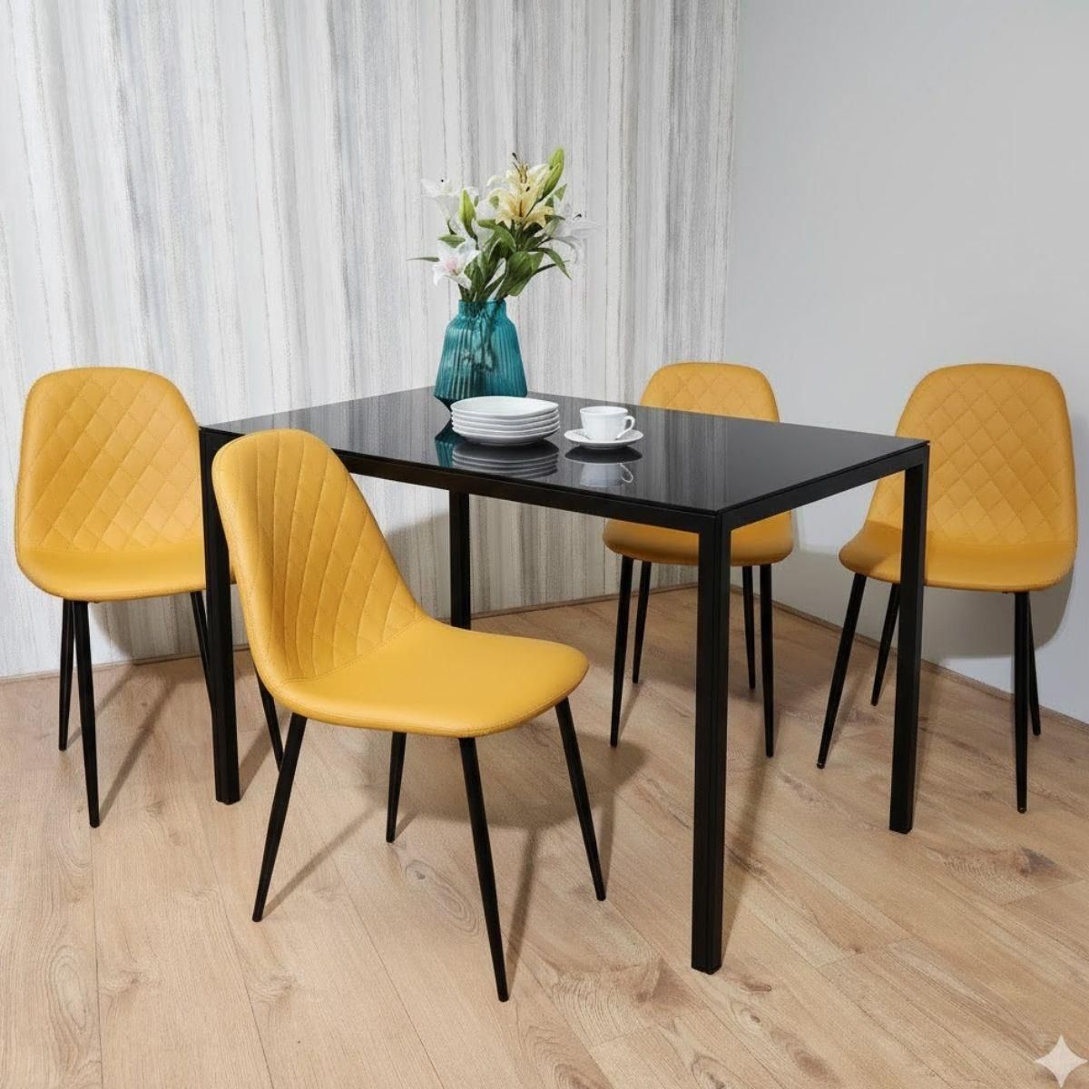 KOSY KOALA Modern Black Glass Dining Table Set with 4 Mustard Faux Leather Chairs