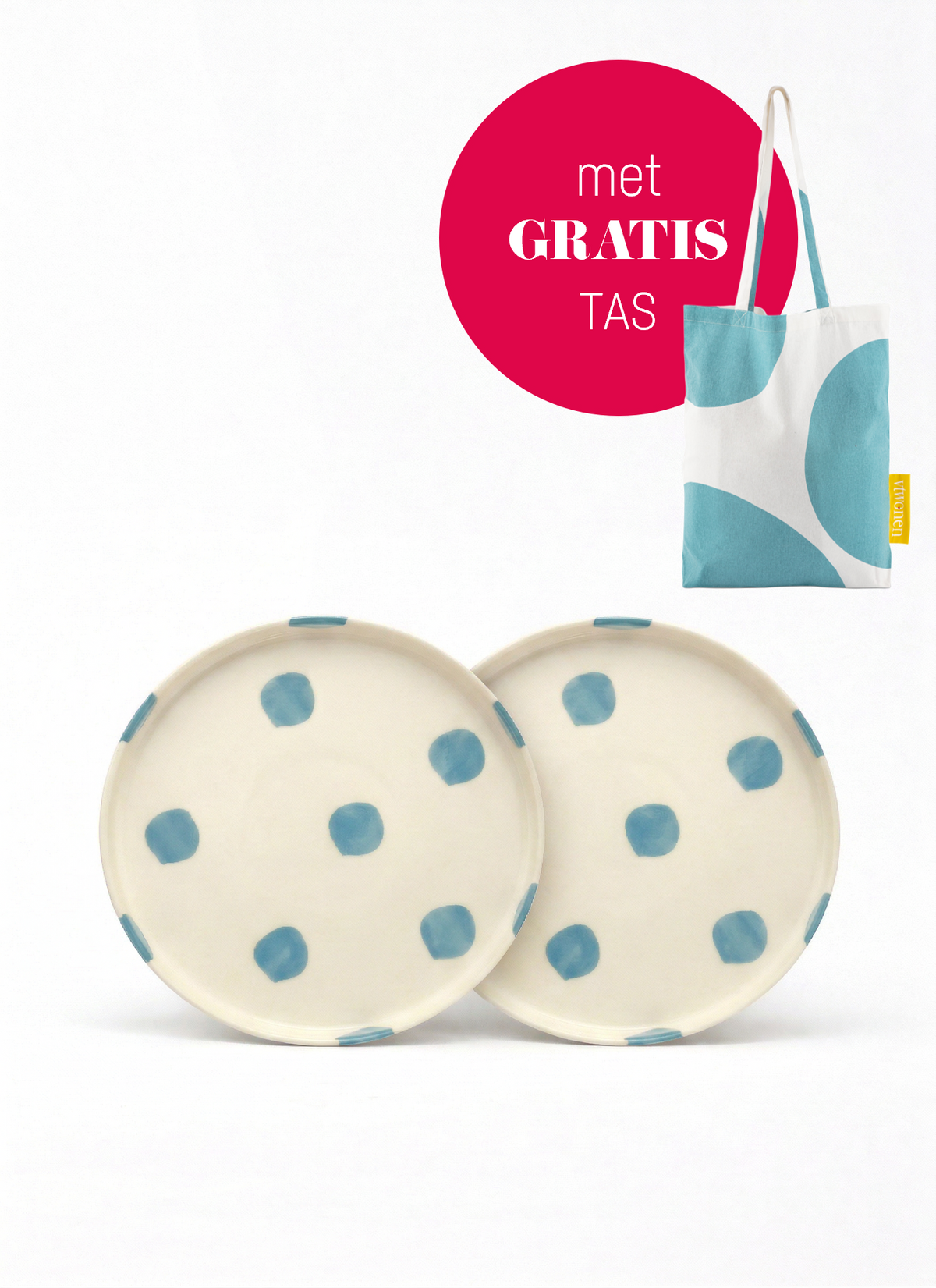 vtwonen - Lunchbord - Stippen - Blauw - Set van 2 - Keramiek - 20cm