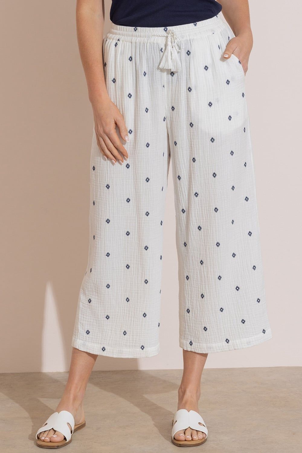 Klass. Embroidered Textured Cotton Wide Leg Cropped Trousers