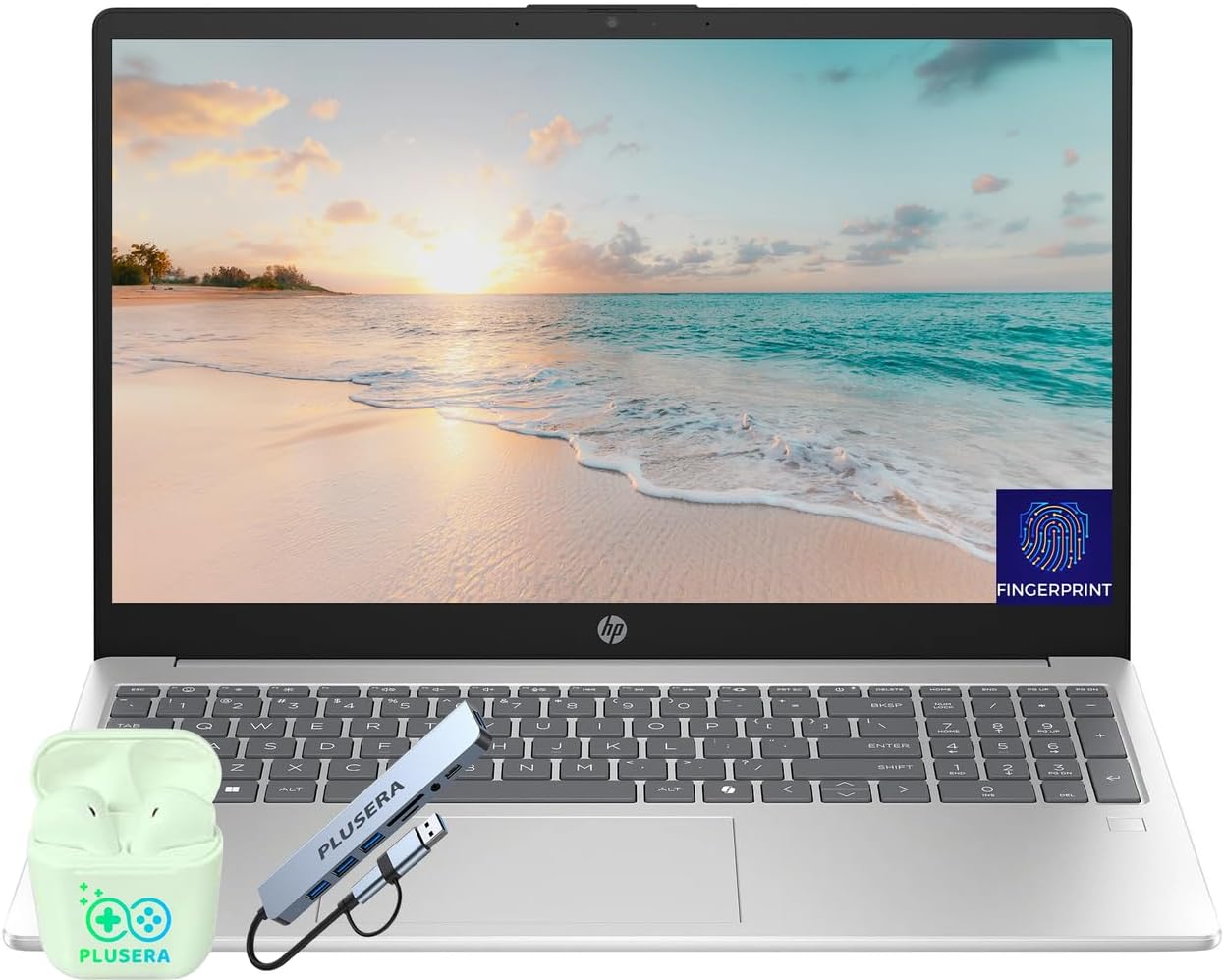 HP 15.6 FHD Business & Student Laptop Computer  16GB RAM 512GB SSD  8-Cores Intel Core i3 Processor  Windows 11  Fingerprint Reader  PLUSERA Earphones & 8-in-1 Hub Included  Natural Silver