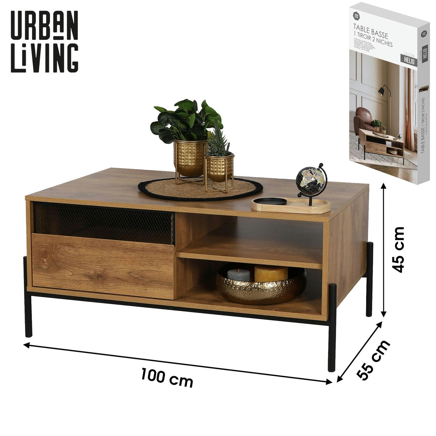 - Table basse 1 tiroir et 2 niches marron